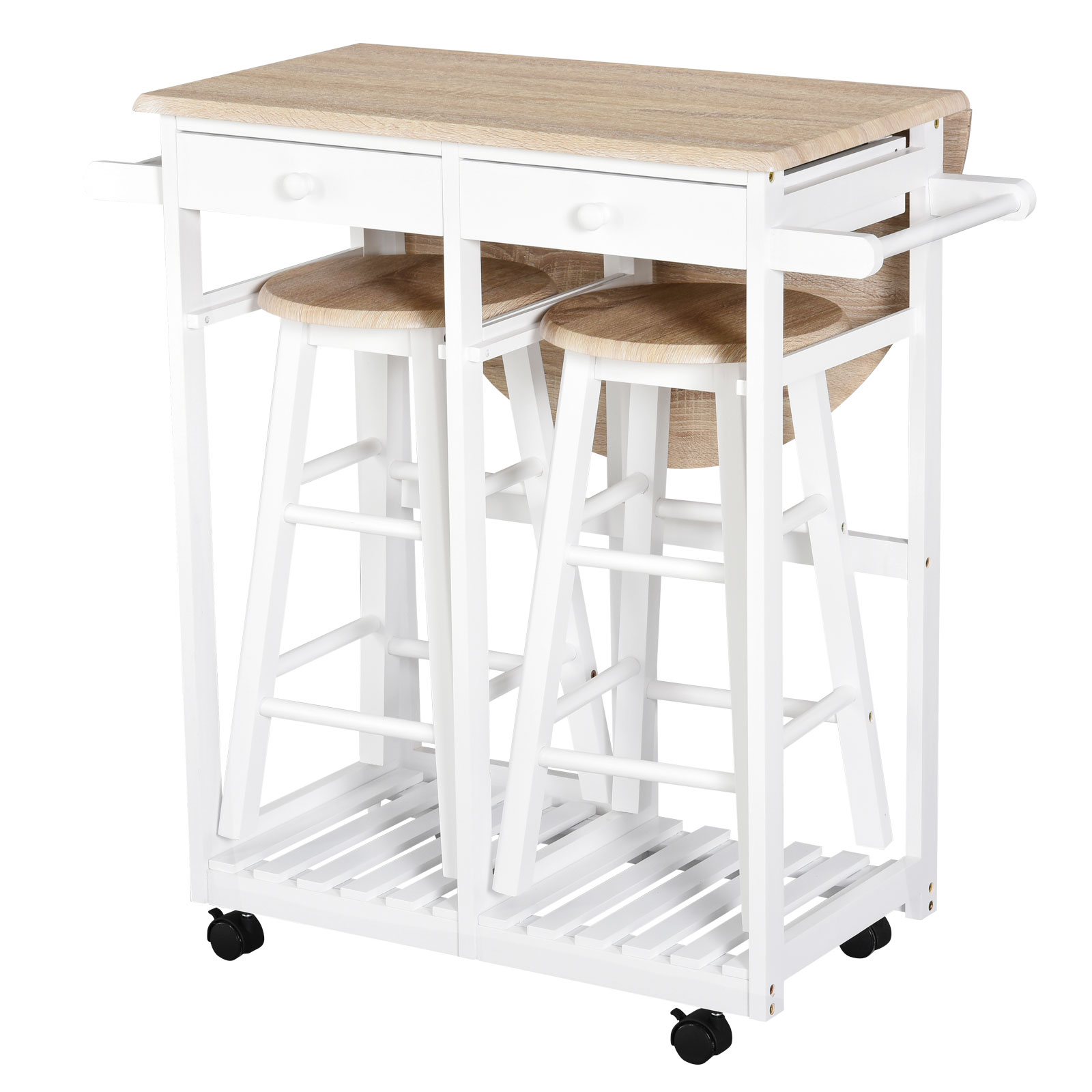 HOMCOM Bartisch-Set Klappbar auf Rollen mit Regal und 2 Schubladen + 2 Hocker Kiefernholz MDF Weiß Eiche Hell