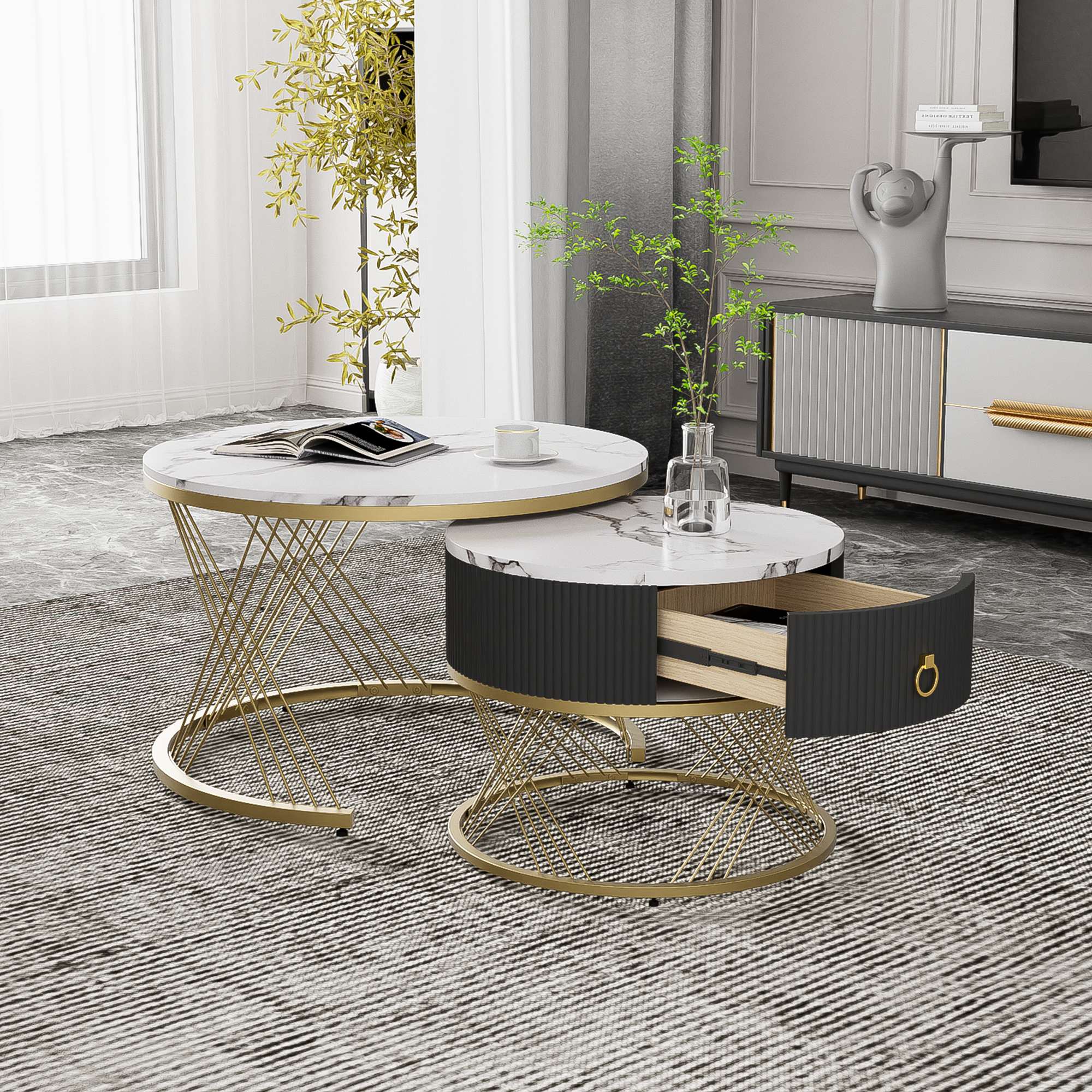 Eleganter Couchtisch im 2er-Set: Marmoroptik, Golddekor, Beistelltisch mit Schubladen, weiß