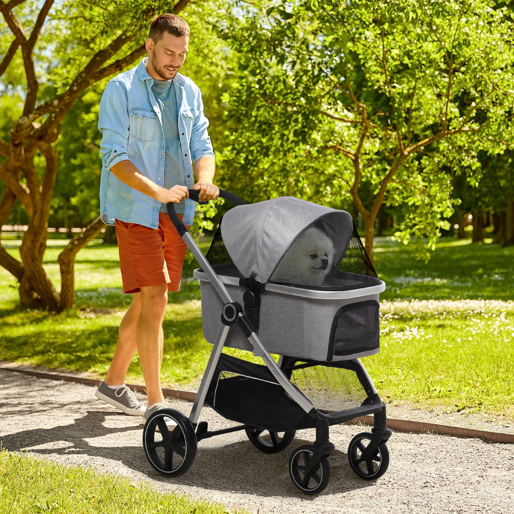 hondenkar, 2-in-1 hondenwagen, draagtas, opvouwbare hondenbuggy, grijs