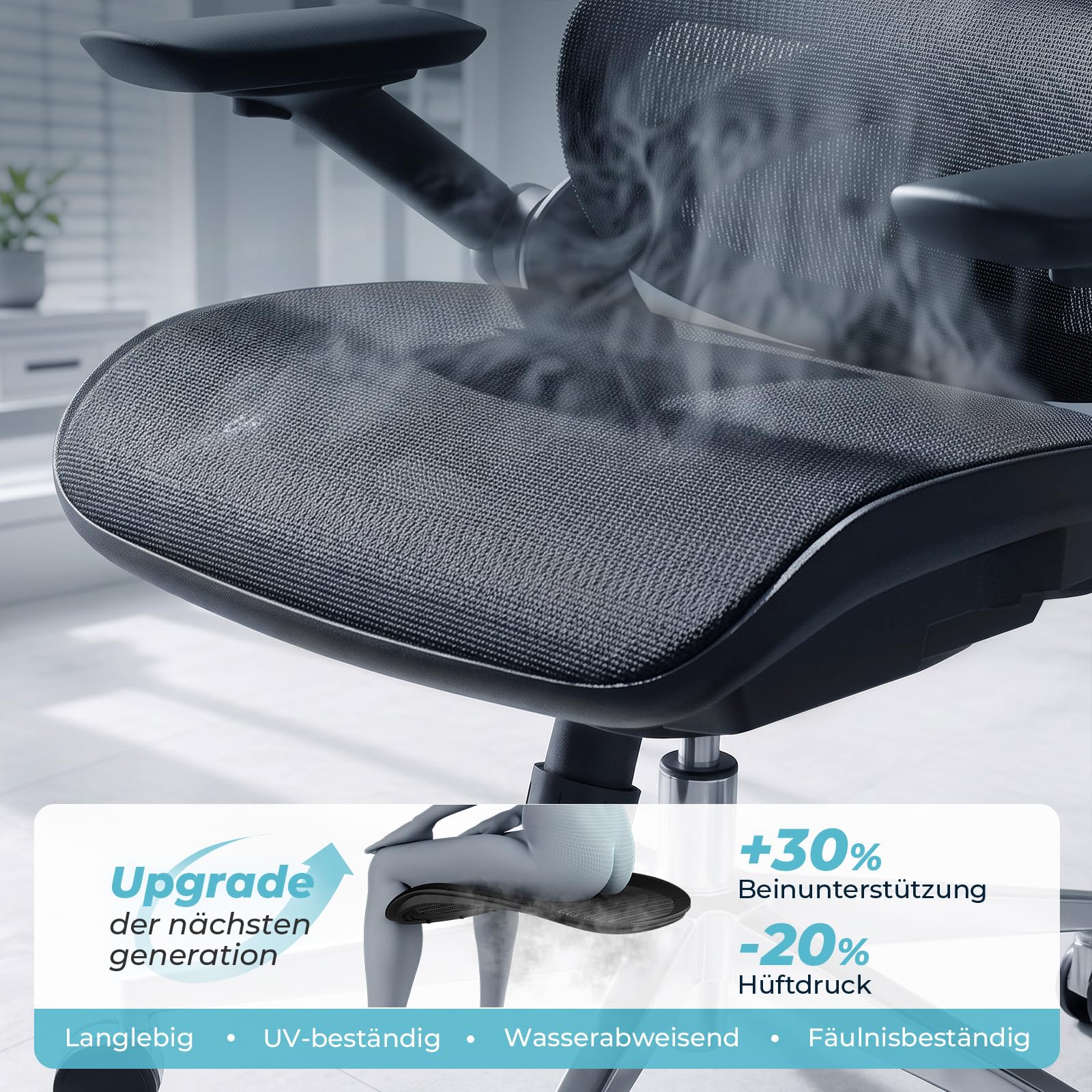Ergonomischer Bürostuhl mit Netzstoff, hoher Rückenlehne und 3D-Kopfstütze, bis 159 kg, mit 4D-Klapparmlehnen und PU-Rollen