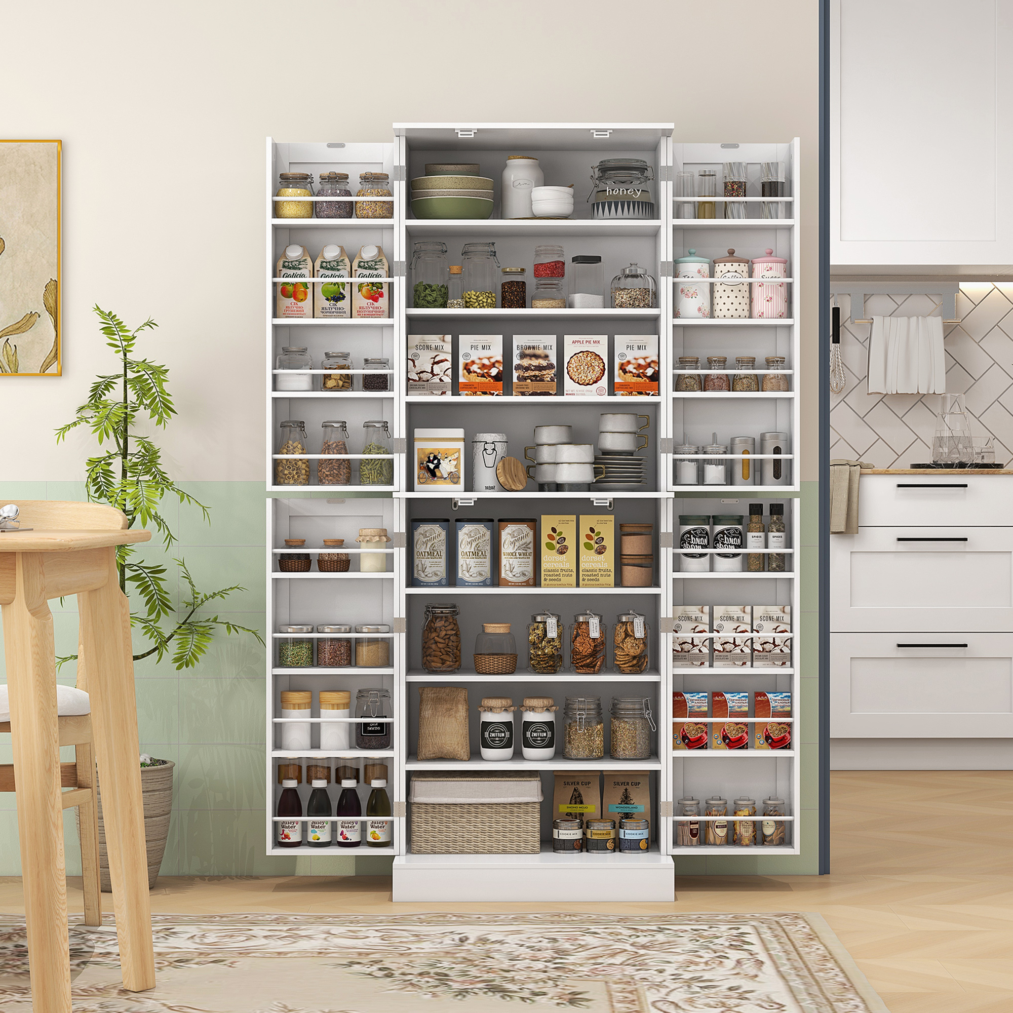 HOMCOM Küchenschrank Buffet Küche mit Schränken, verstellbarem Regal und Türregal, 60 x 35 x 166 cm, Weiß