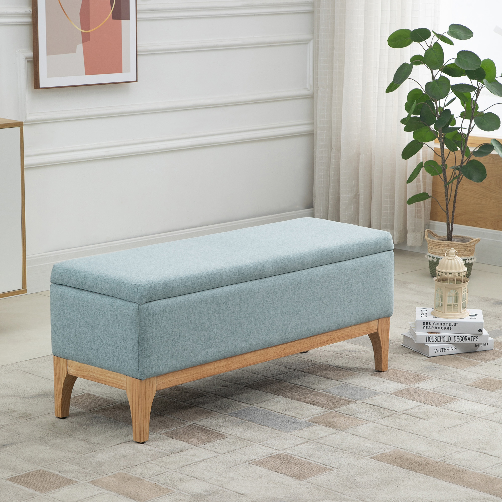 HOMCOM Aufbewahrungsbank 2-in-1 im skandinavischen Stil Maße 110L x 39B x 45H cm Wassergrüner Stoff