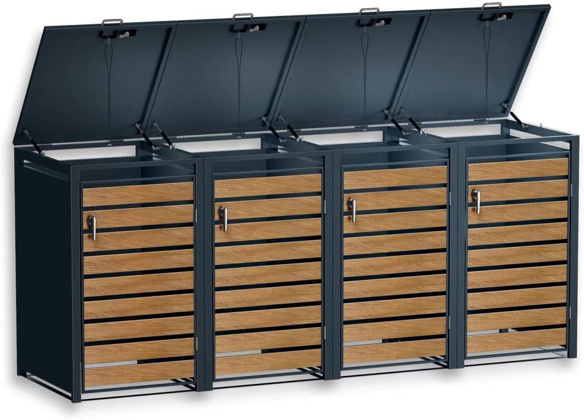Metzler box pattumiere design antracite & effetto legno 4x240L, acciaio verniciato a polvere, struttura resistente alle intemperie