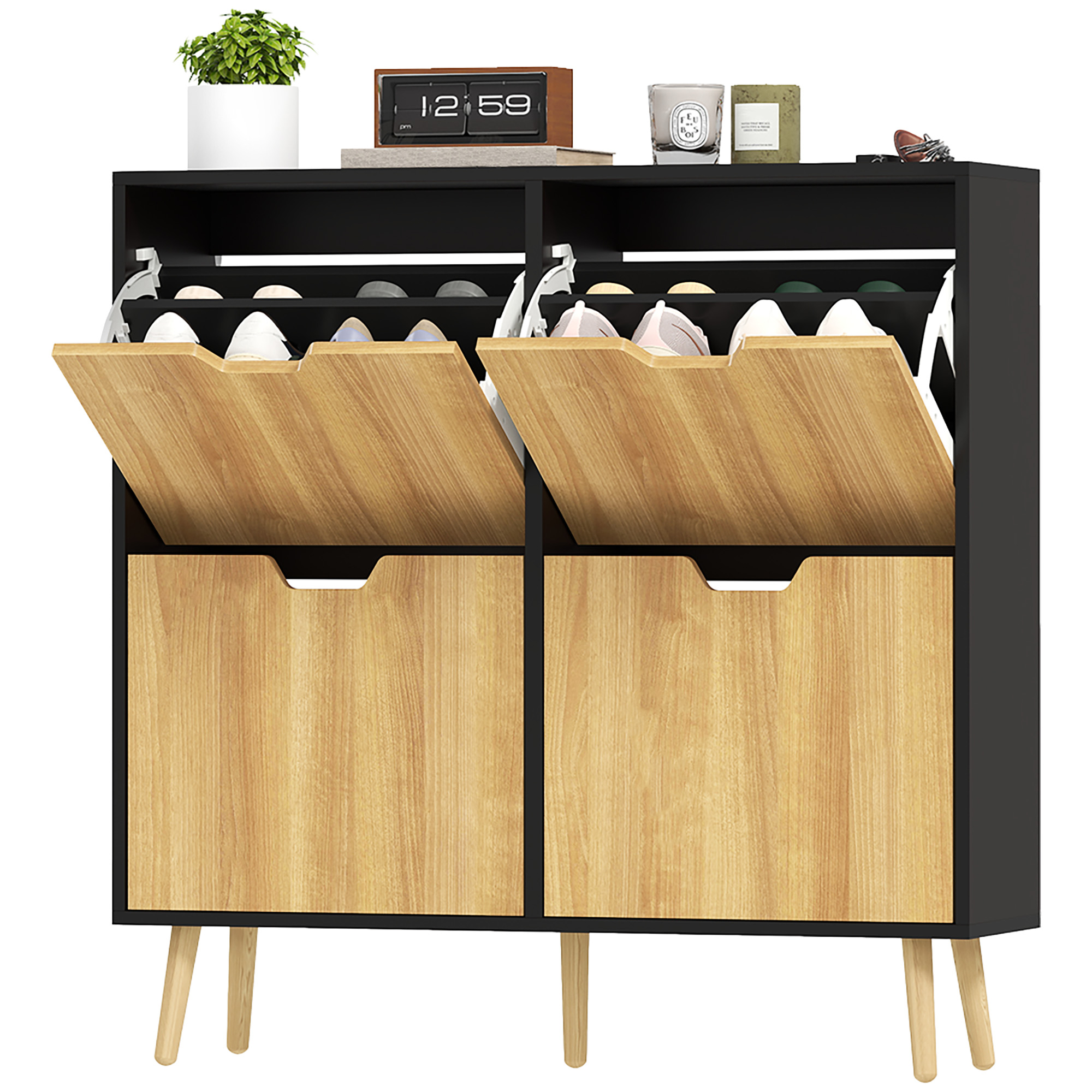 HOMCOM Schuhschrank 4 Klappen 16 Paare mit verstellbarem Regal Kiefernholzfüße 95 x 26 x 95 cm Natur