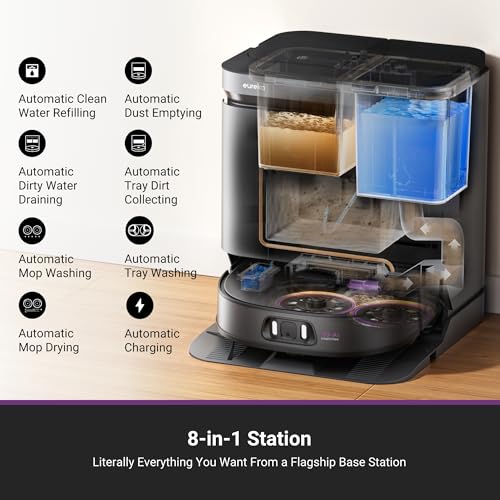 Eureka J15 Pro Ultra Robot Vacuum and Mop with Self Emptying Base, 16,200 Pa Suction, Flex Arm Design Mop, Auto Mop Hot Water Washing & Hot Air Drying, Anti Tangle, AI Obstacle Avoidance, Black
