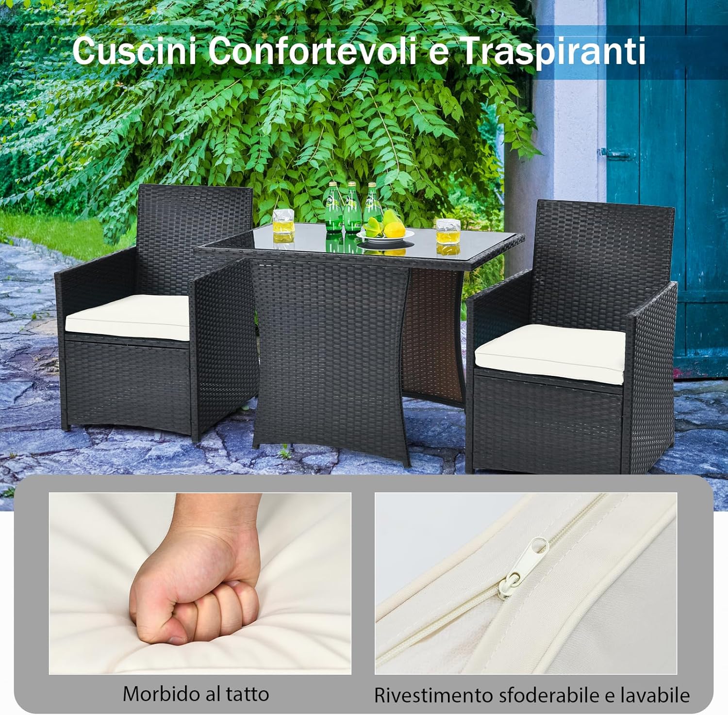 COSTWAY 3 Pezzi Set Mobili da Esterno, Set da Giardino in Rattan PE Salvaspazio con Piano Tavolo in Vetro Temperato e Sedie Imbottite, Tavolo e Sedia da Balcone