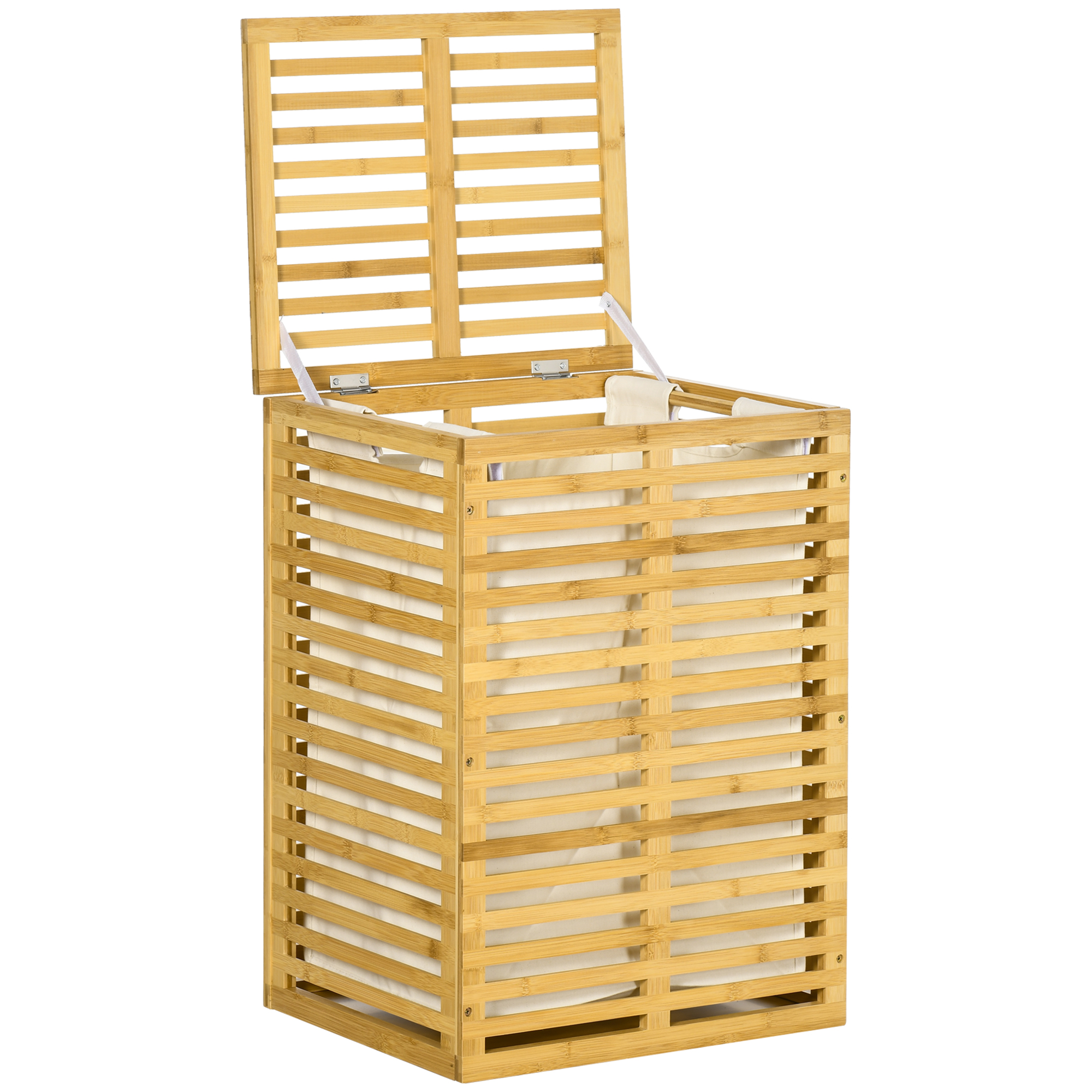 Bamboe Wasmand 63 L met Deksel en Uitneembare Waszak, Stok 44 x 37 x 62,5 cm in Natuurhout