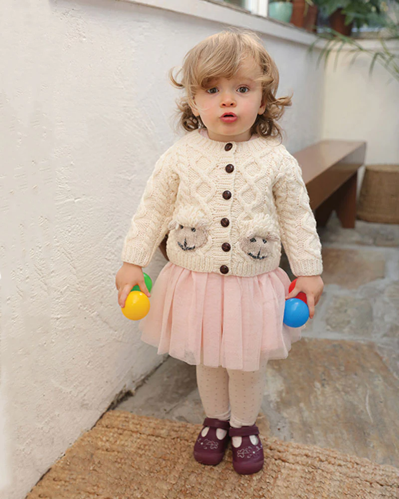 Baby Handknit Aran Cardigan with Sheep Pockets , Natural