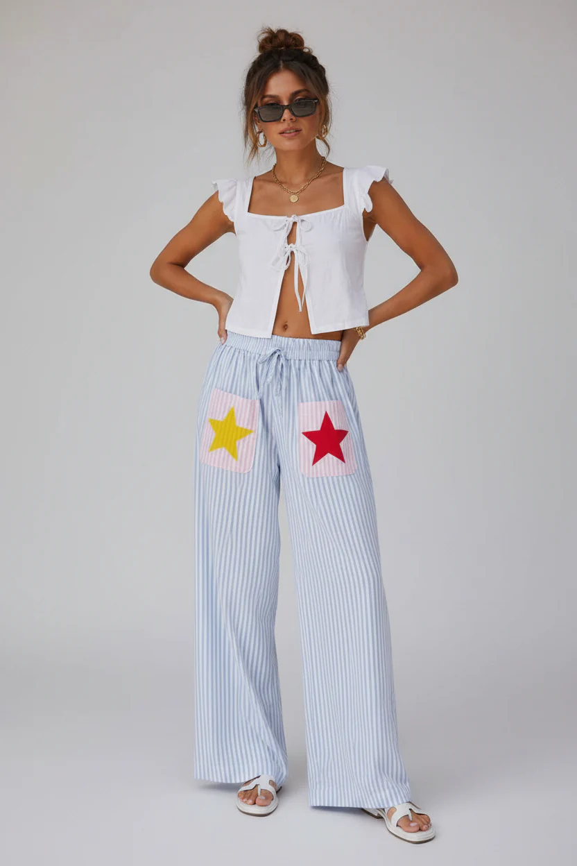 Striped Palazzo Pants with Star Pockets �C Blue | Women's Wide-Leg Trousers