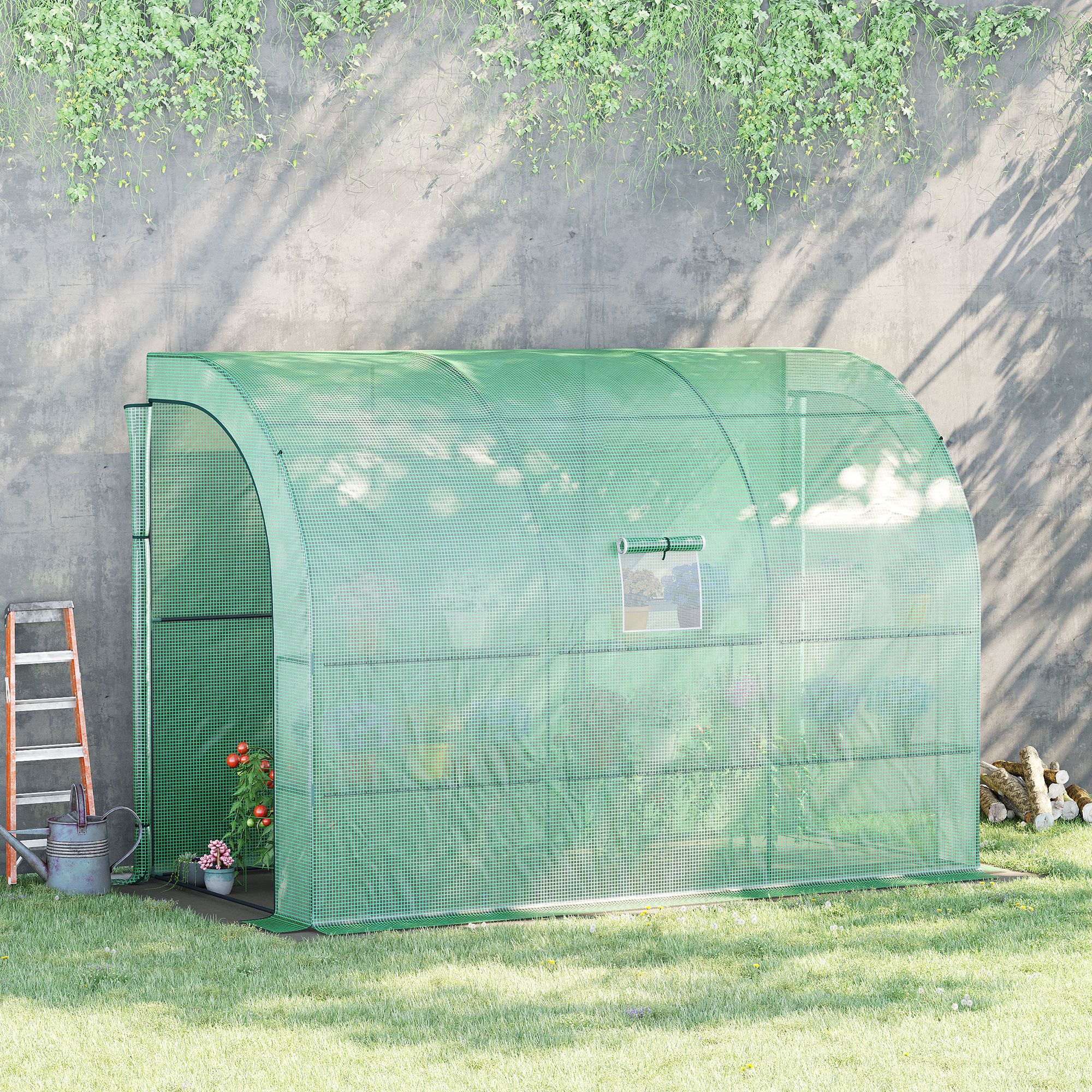 Outsunny Gewächshaus, Gartengewächshaus mit Kunststoff-Abdeckung, UV-beständig, 3 Etagen, Reißverschlusstüren, Grün
