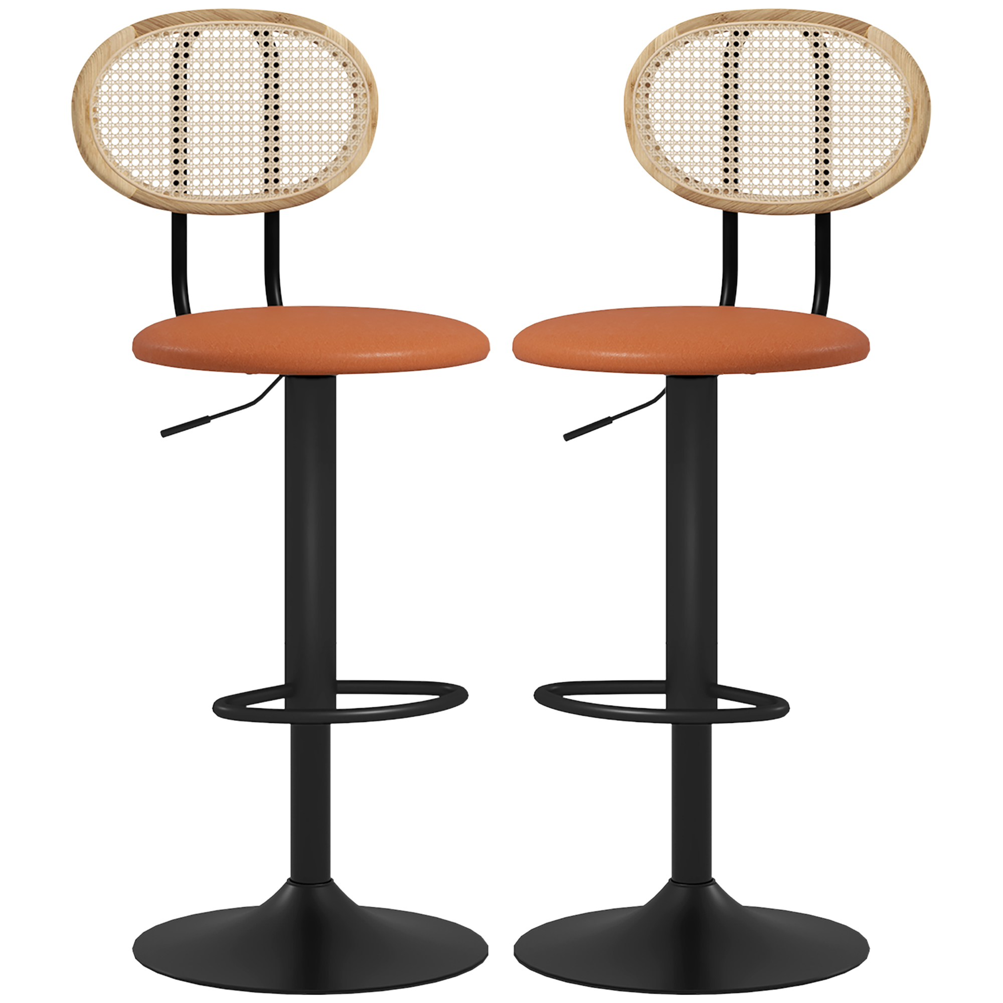 HOMCOM Set mit 2 höhenverstellbaren Barhockern mit Rattan-Rückenlehne und Fußstütze, Braun