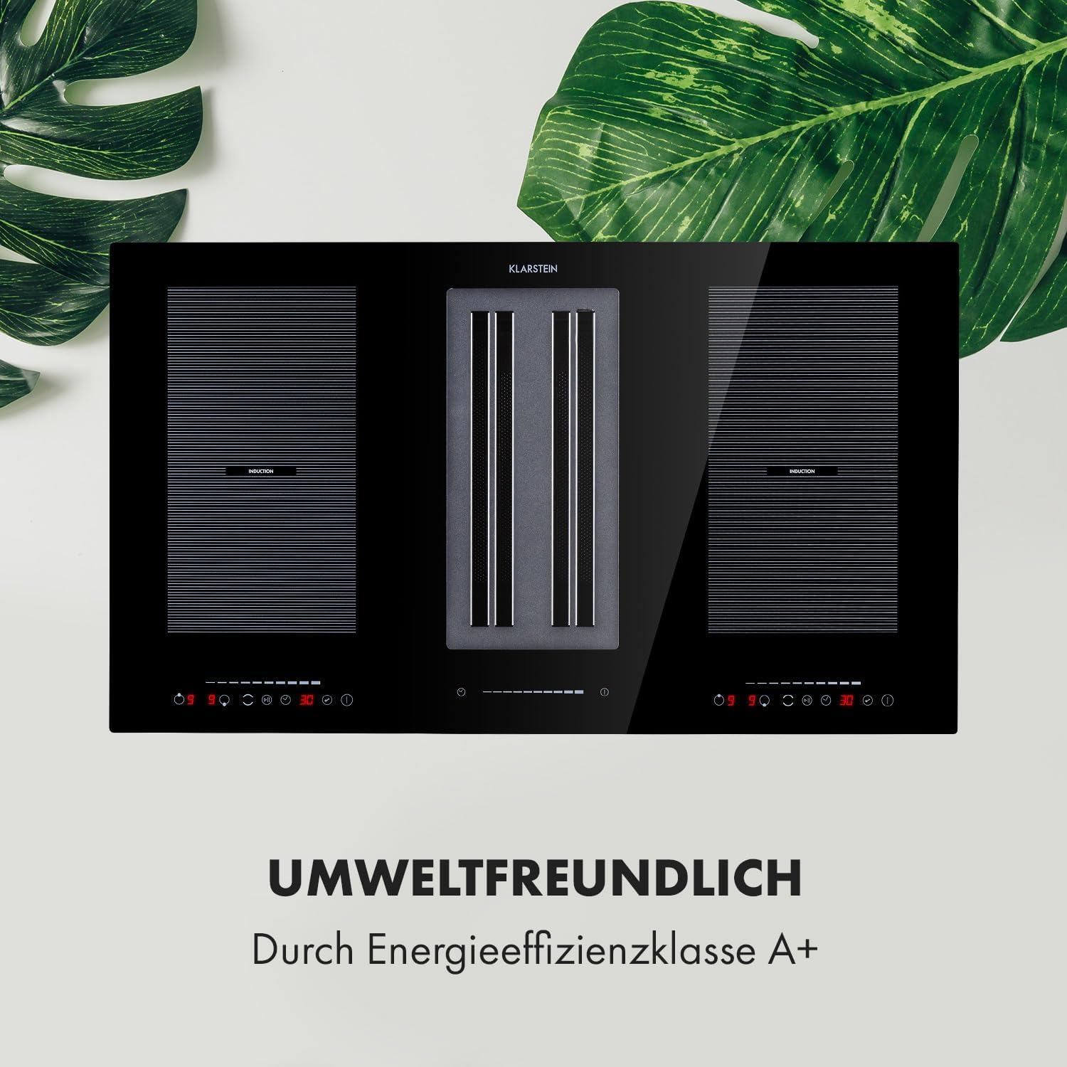 Klarstein 2-in-1 Induktionskochfeld mit Dunstabzug, Induktionskochfeld mit Abluft & Ventilator, 4-Zonen-Kochfeld, Glaskeramik-Einbauherd, Kochfeld mit Dunstabzug, Energieklasse A, 654m³/h Luftstrom