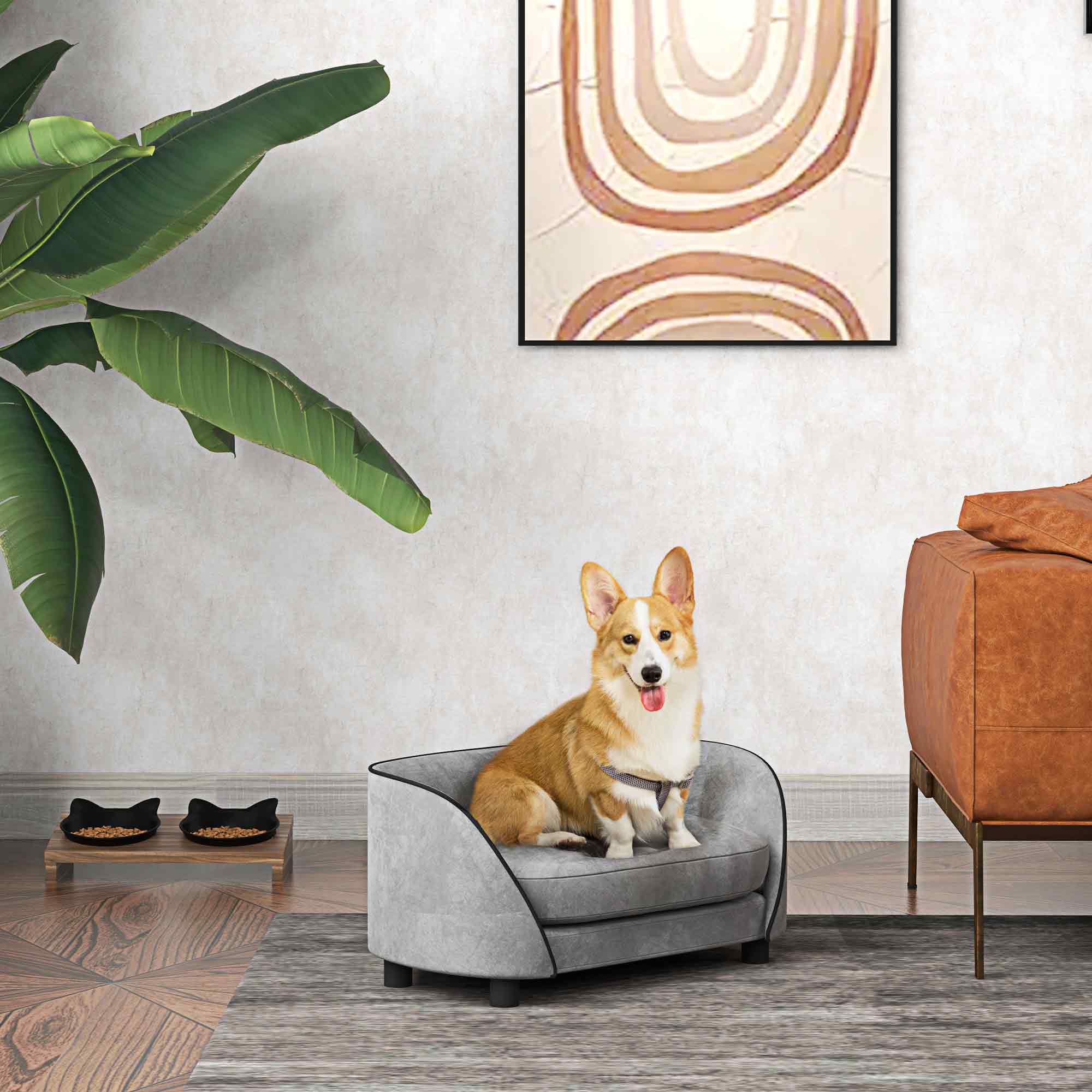 PawHut Hundesofa mit weichem Kissen, abnehmbarem und waschbarem Bezug, Niederländischer Samtüberzug, Grau