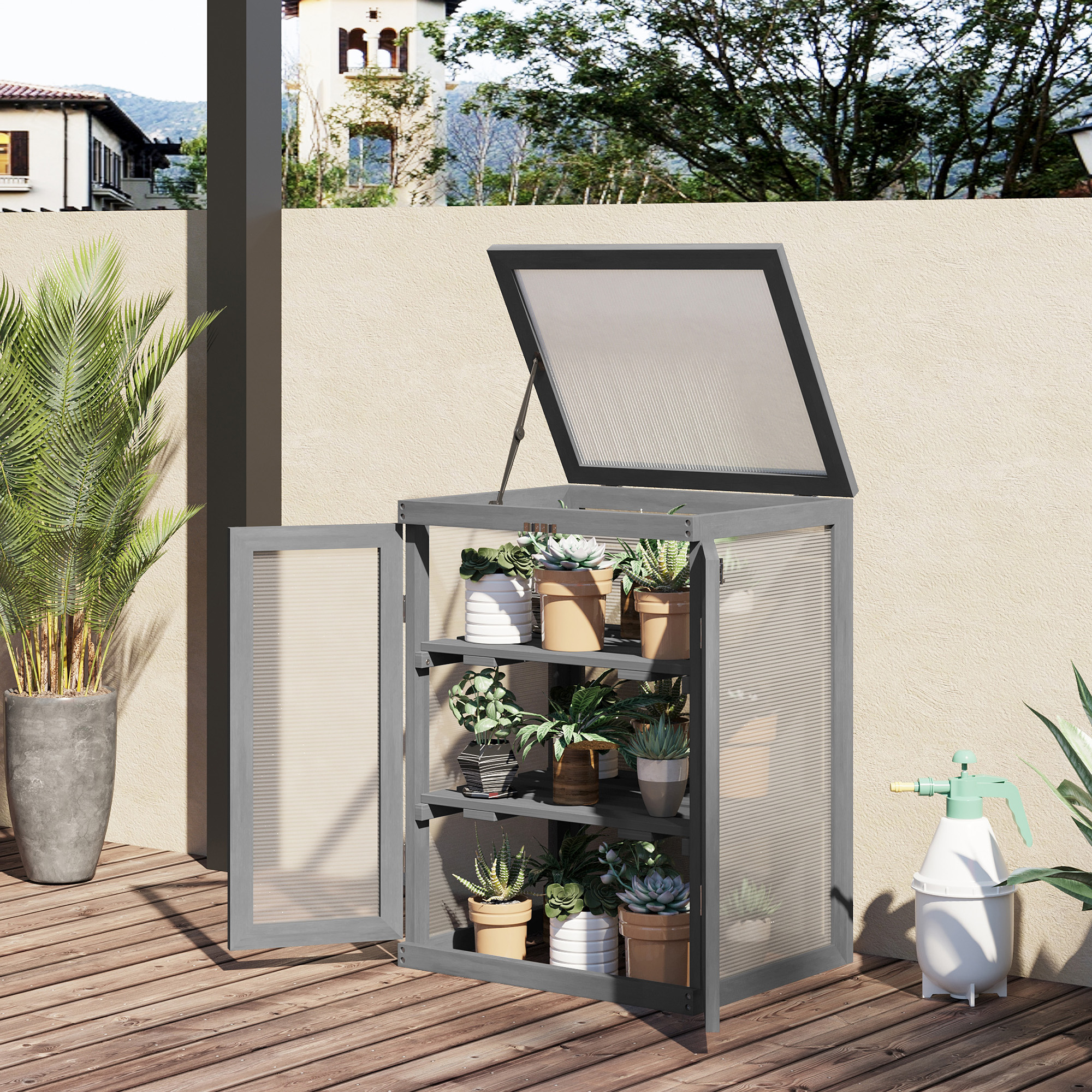 Outsunny Gewächshaus, Treibhaus, transparent, geeignet für Außenbereiche, Holz+Polycarbonat, 58 x 44 x 78cm