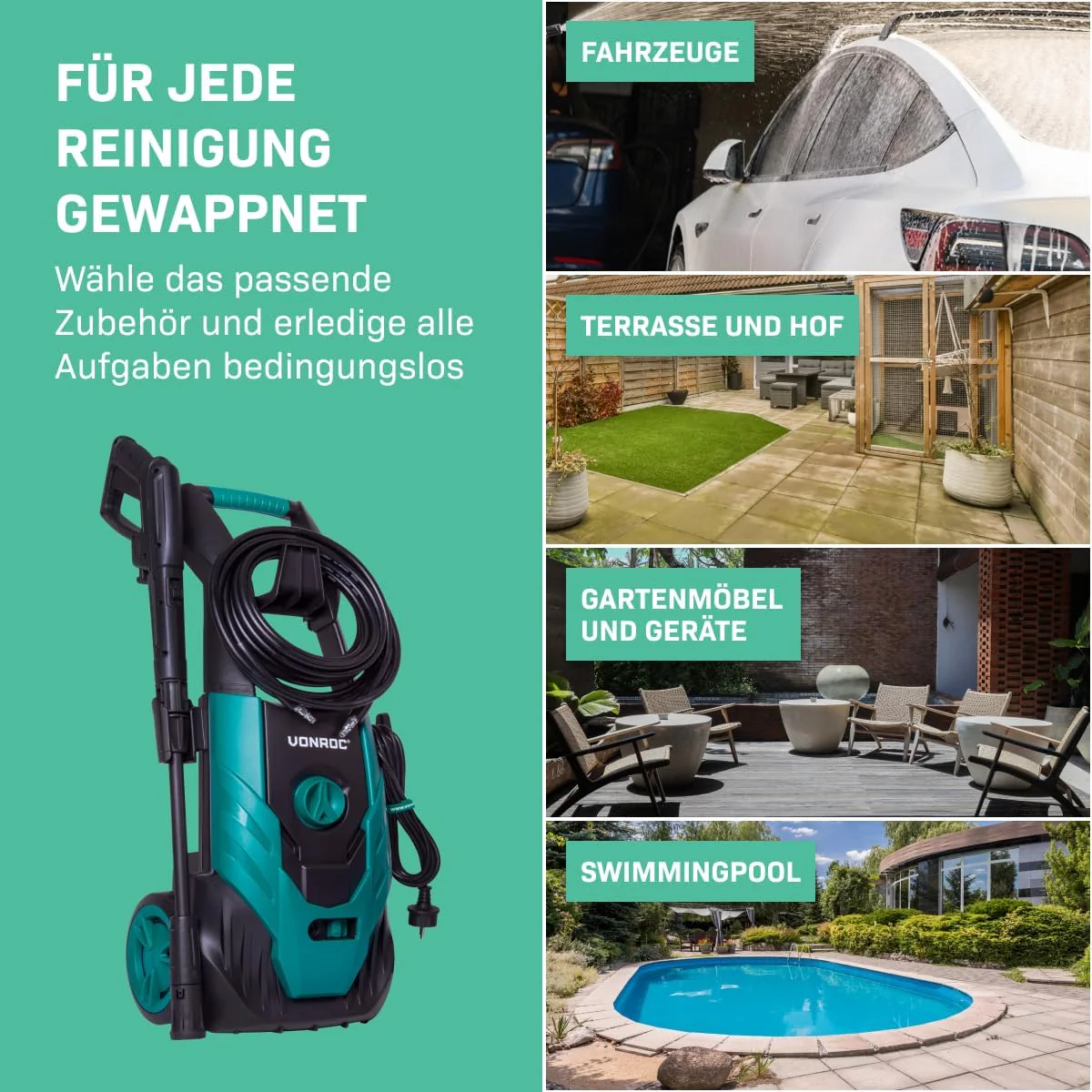 VONROC Professionele hogedrukreiniger 195bar - Gevelreiniger voor zware reinigingswerkzaamheden [2500W] - Hoge wateropbrengst [468 l/u] Reinigingstank, Aluminium Pomp - incl. Terrasreiniger