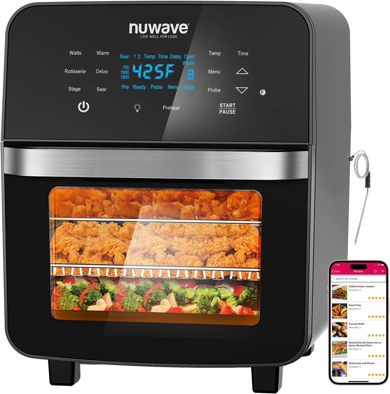 Nuwave Brio 15.5Qt Air Fryer/Oven quickly reheats, bakes, and dehydrates food with a temperature control range of 50°-425°F 1800W.