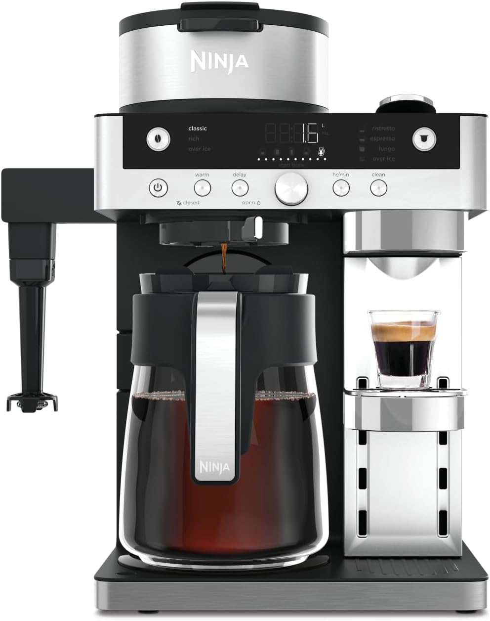 Ninja Prestige 2-in-1 Filterkaffee- und Kapselmaschine mit integriertem Milchaufschäumer, für Latte, Eiskaffee und Flat White, Schwarz CFN802EU