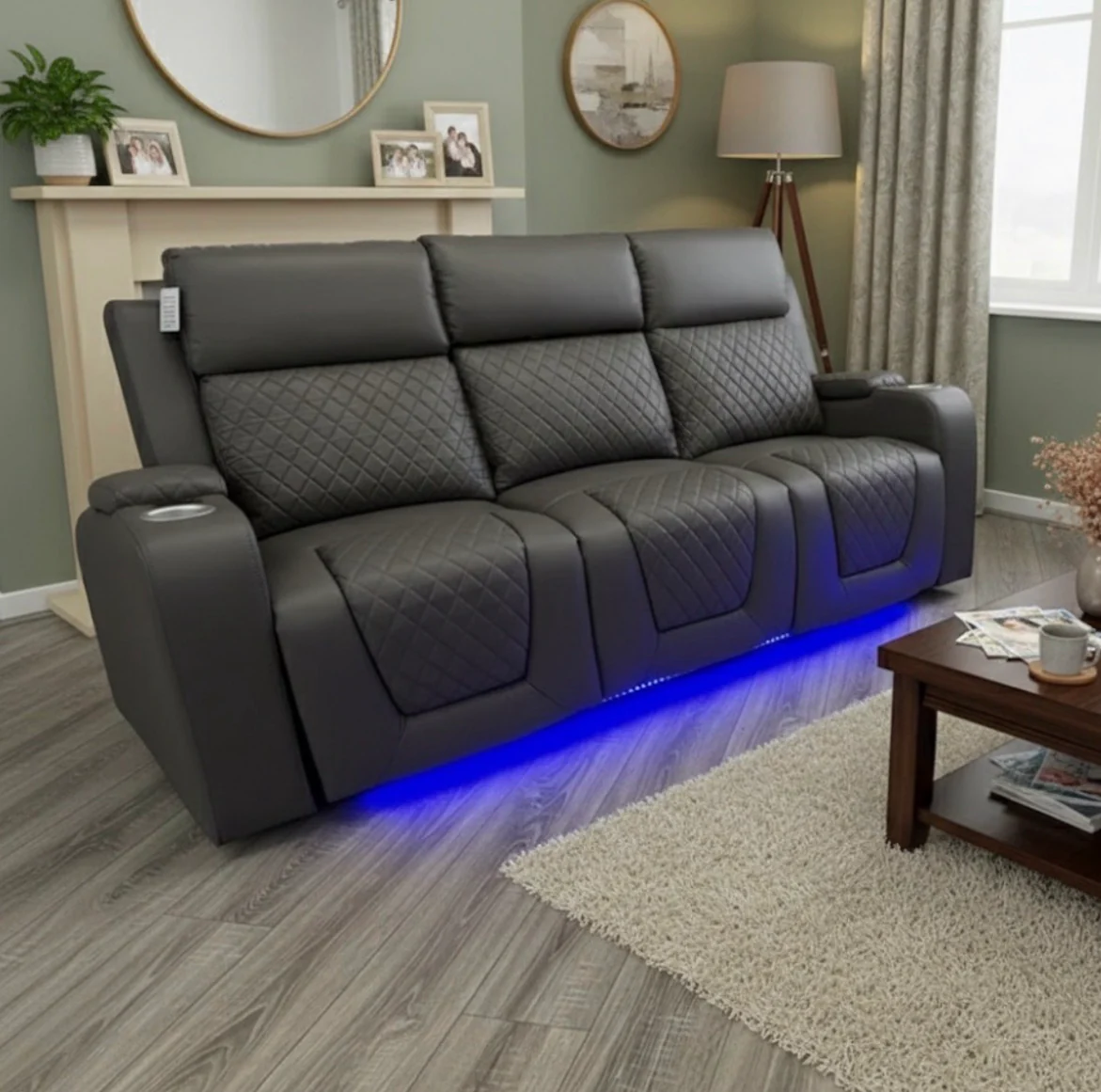 Florence 3 Seater Grey Leather Electric Recliner Sofa with Cup Holders, LED Lights & Wireless Charger, USB Port