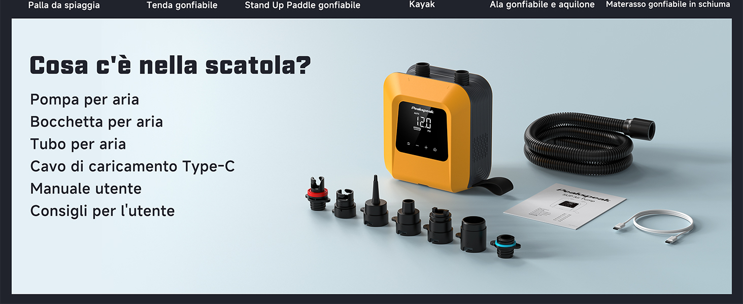 Kit pompa d'aria portatile con display digitale arancione, cavo di ricarica e diversi ugelli neri su sfondo scuro