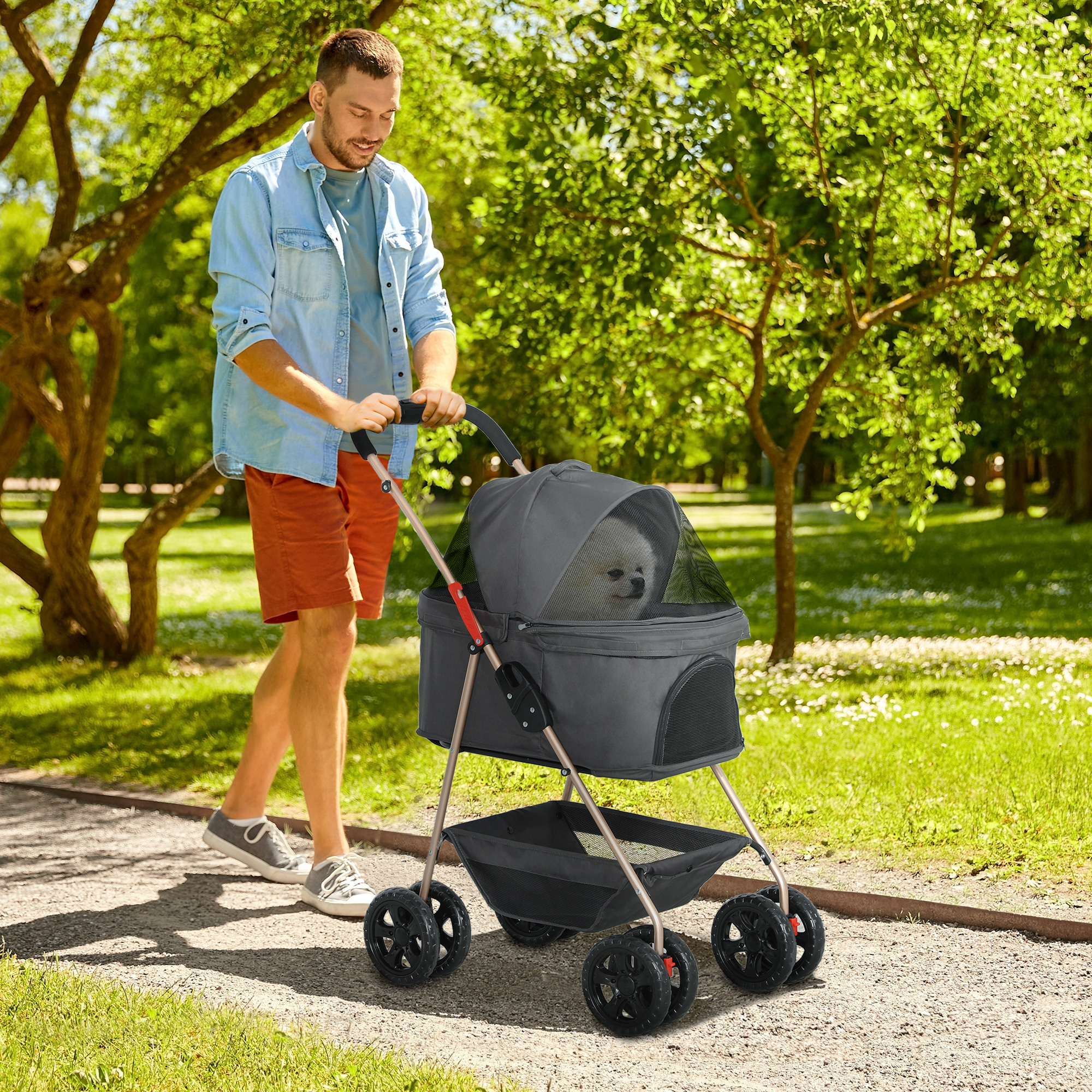 PawHut 3-in-1-Haustierkinderwagen, zusammenklappbarer Hundewagen mit 4 Rädern und abnehmbarer Trage für Hunde und Katzen, Grau