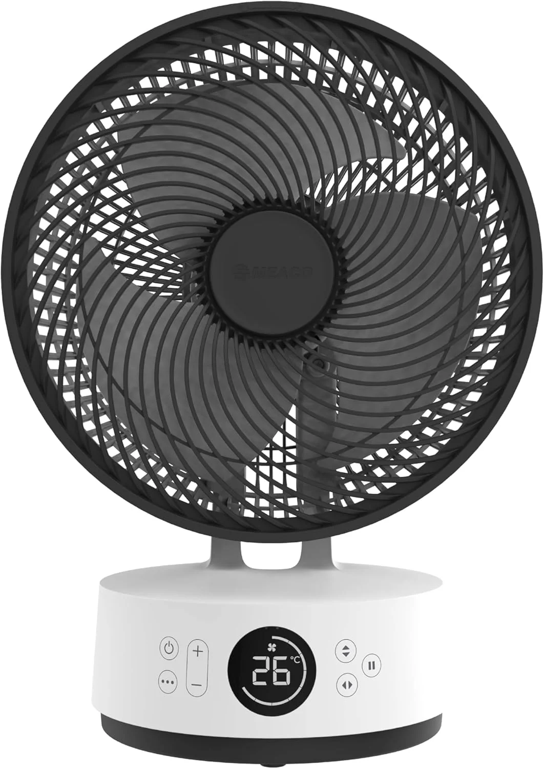 MEACO MeacoFan Stilvolle Tafelventilator - 10-inch luchtverplaatser met 12 snelheden - Horizontale en verticale oscillatie - 3 oscillatiegebieden - Ultrastille, op afstand bediende koeling, Zwart
