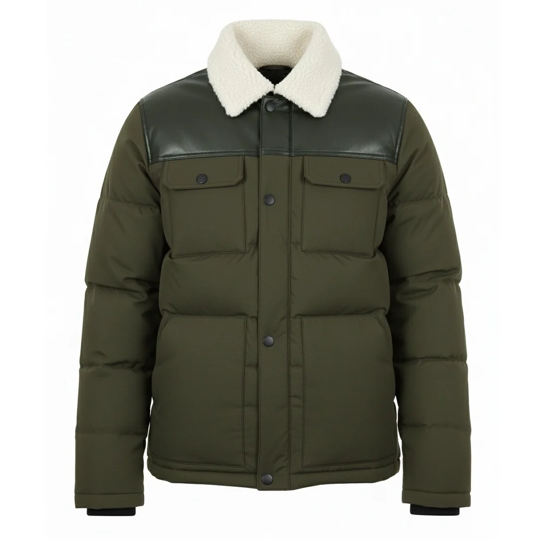 12 Pack Adult Puffer Jacket with Sherpa Collar in Olive