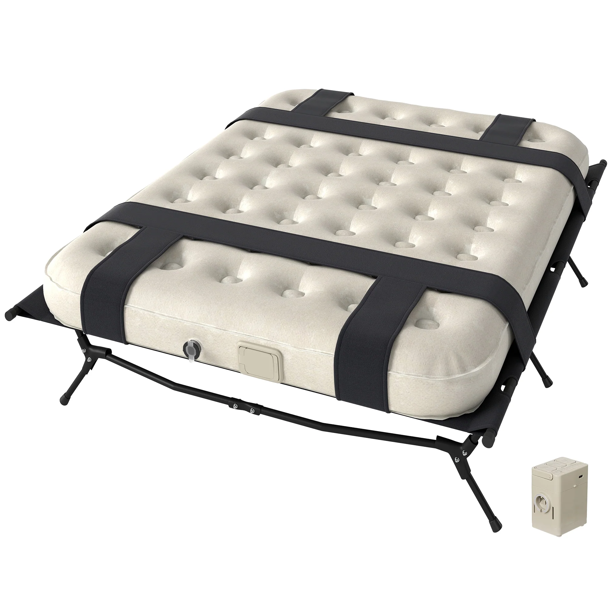 Outsunny Veldbed Kampeerbed met Luchtmatras en Pomp 200 x 153 cm Draagvermogen tot 200 kg Zwart+Khaki