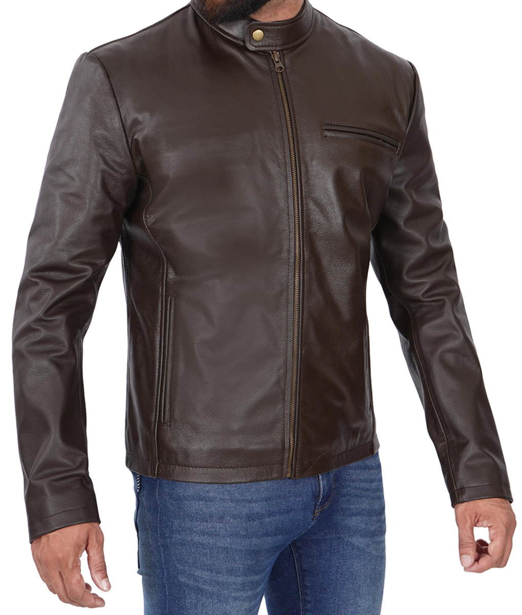 Mens Dark Brown Leather Cafe Racer Jacket