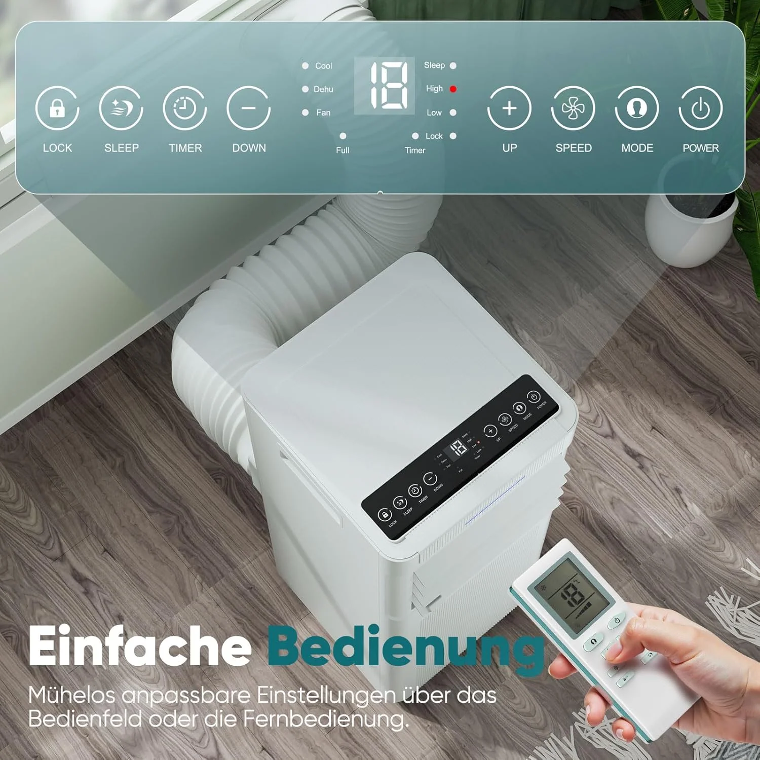 Klimaanlage Mobil 9000 BTU, 3-in-1 Mobile Klimaanlage mit Abluftschlauch,Kühlen,Entfeuchten, Luftzirkulation, LED Display&Fernbedienung, 24h-Timer, Leise&Energieeffizient, Für Räume bis zu 88 m³(33㎡)