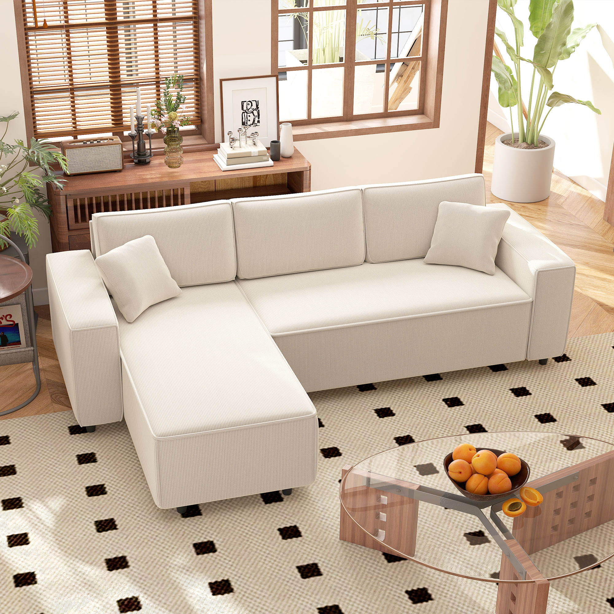 HOMCOM 3-Sitzer-Sofa mit Chaiselongue, Wohnzimmercouch mit Cordbezug, 2 Extra-Kissen, Polstersofa, Cremeweiß