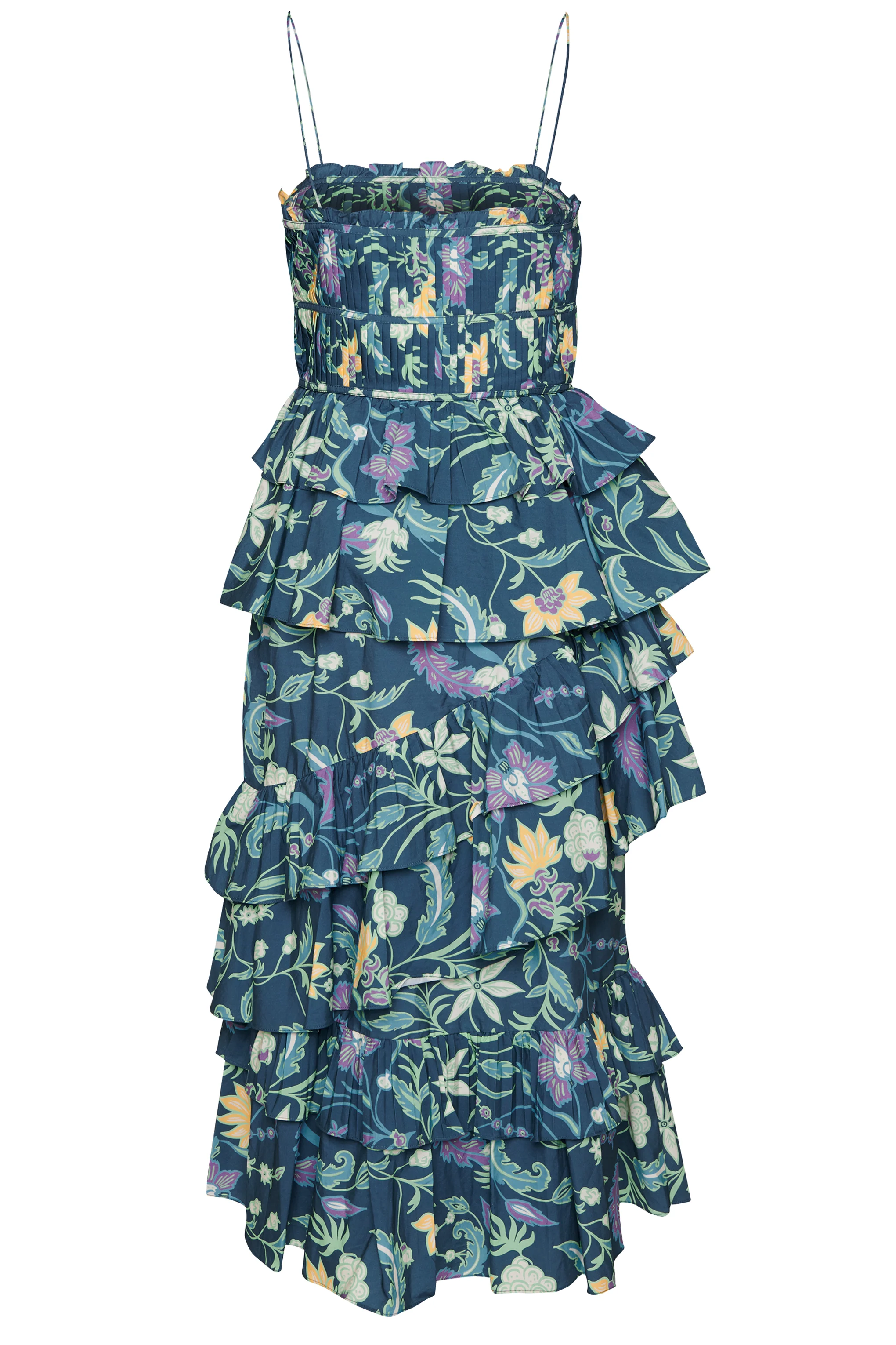 Petrol Blue Folk Floral Midi Dress