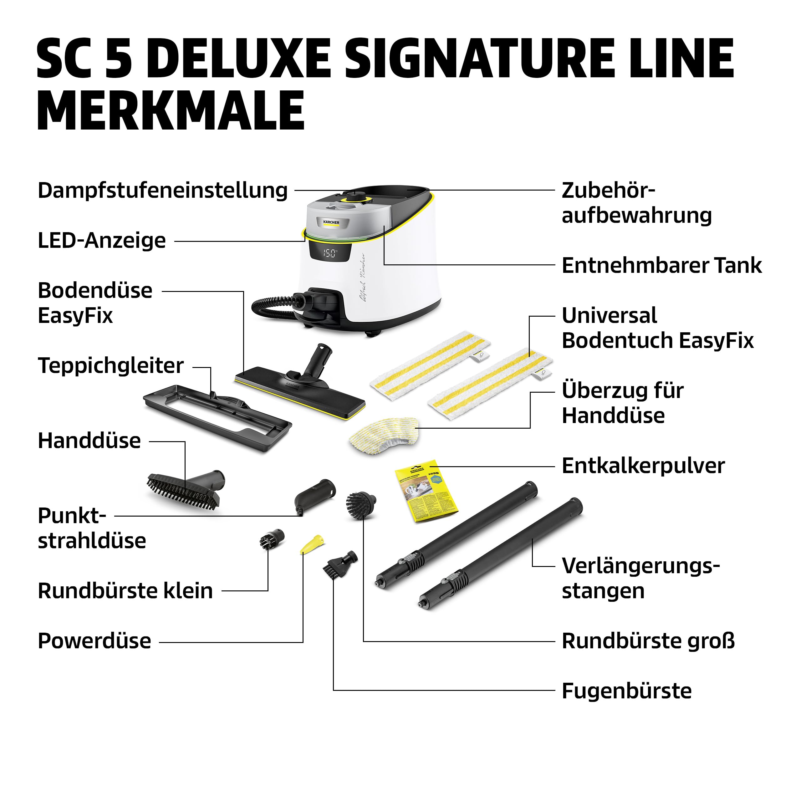 Dampfreiniger SC 5 Deluxe Signature Line Dampfdruck 4 bar VapoHydro-Funktion abnehmbarer Tank Kindersicherung Teppichgleiter