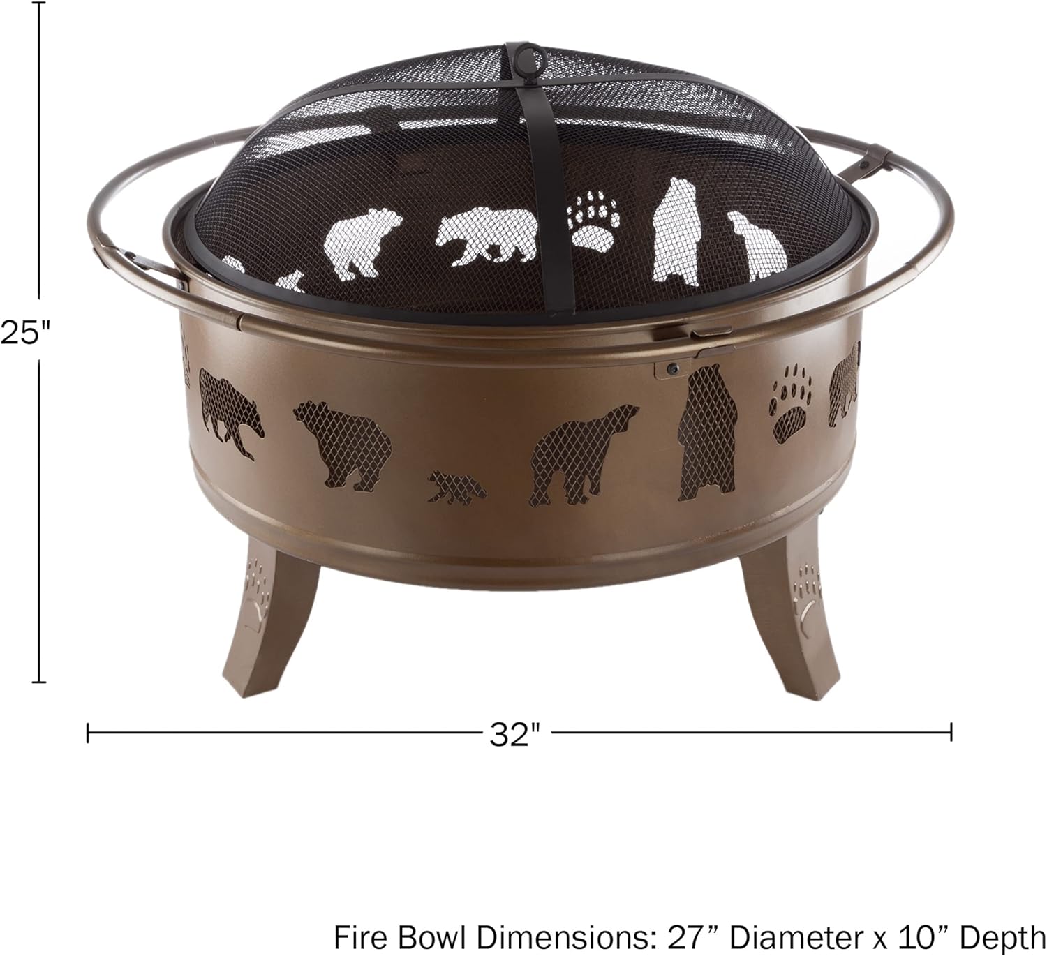 Pure Garden 50-LG1202 32�� Outdoor Deep Fire Pit-Round Large Steel Bowl with Bear Cutouts, Mesh Spark Screen, Log Poker & Storage Cover-Patio Wood Burning, Antique Gold