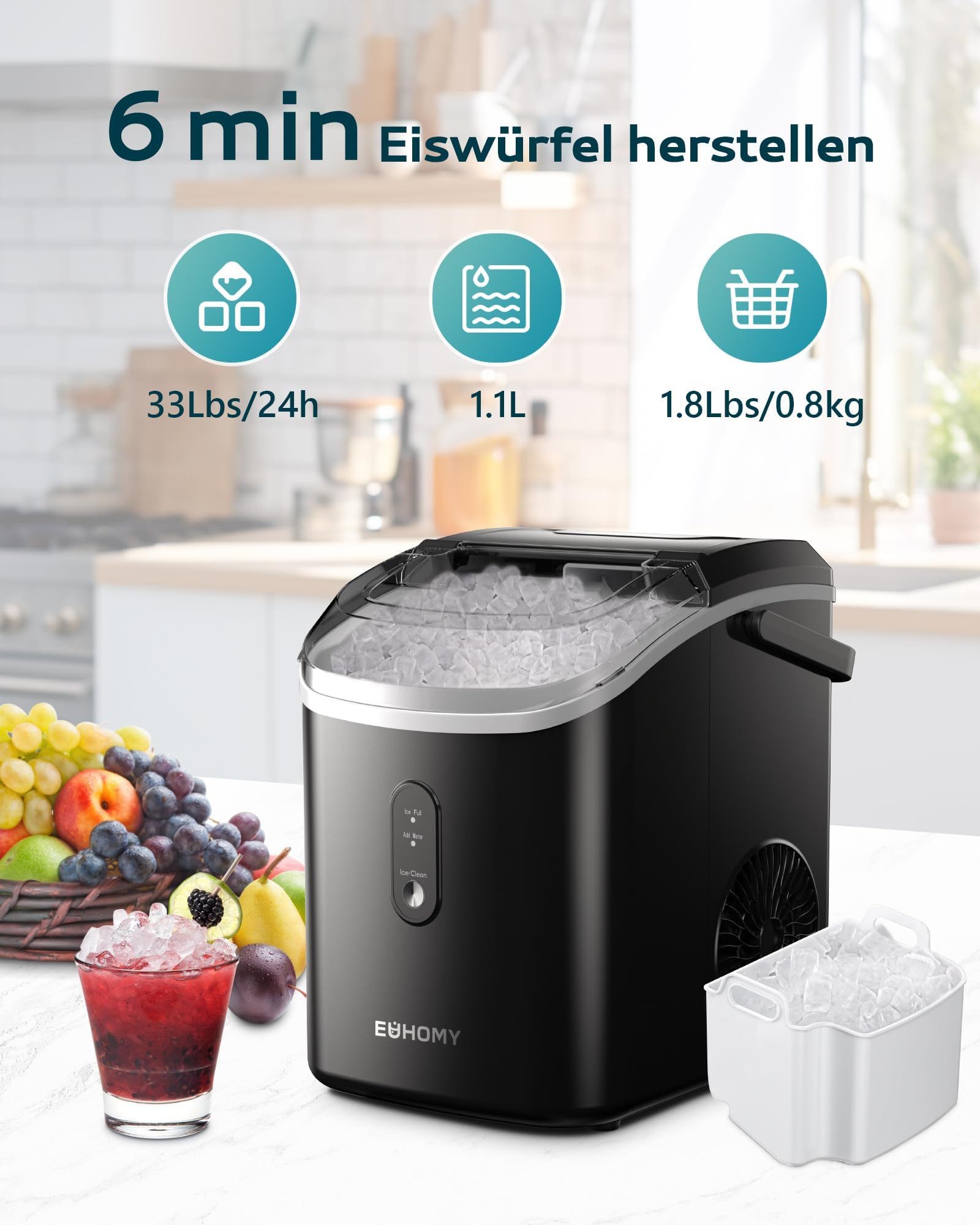 Eiswürfelmaschine 15 kg/24 h, 6 Minuten Eisproduktion,120-W-Tisch-Eiswürfelmaschine