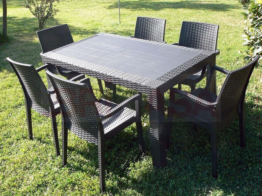 Dimaplast2000 AMZ004 Set Garden Top Table and 6 Armchairs in Resin Rattan Effect for Garden, Anthracite, 140 x 80 x 72 cm