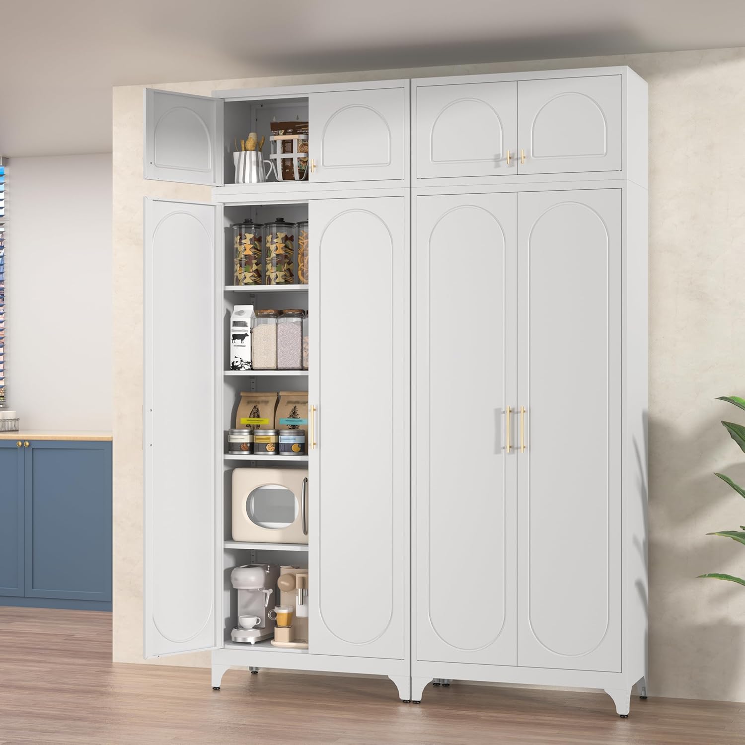 Kitchen Pantry Cabinet, 90" Tall Metal Pantry Cabinet, Food Cupboards with Doors and Shelves, Freestanding Storage Cabinets for Dining, Living Room, 16"D x 32"W x 90"H, White, Assembly Required