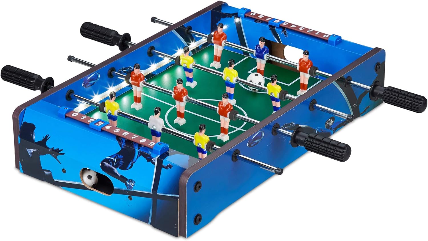 relaxdays Biliardino Calcio Balilla da Tavolo, con Illuminazione LED, Bambini & Adulti, 4 Aste con 2 Palline, Mini, blu, Colore, 10024099