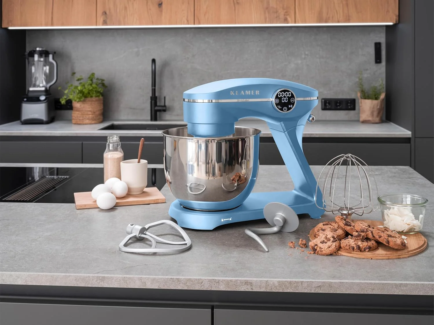 KLAMER Keukenmachine 1800W, Kneedmachine met 6 Liter RVS Kom, 10 Snelheidsstanden met Timer, Klopper, Deeghaak, Garde en Spatdeksel