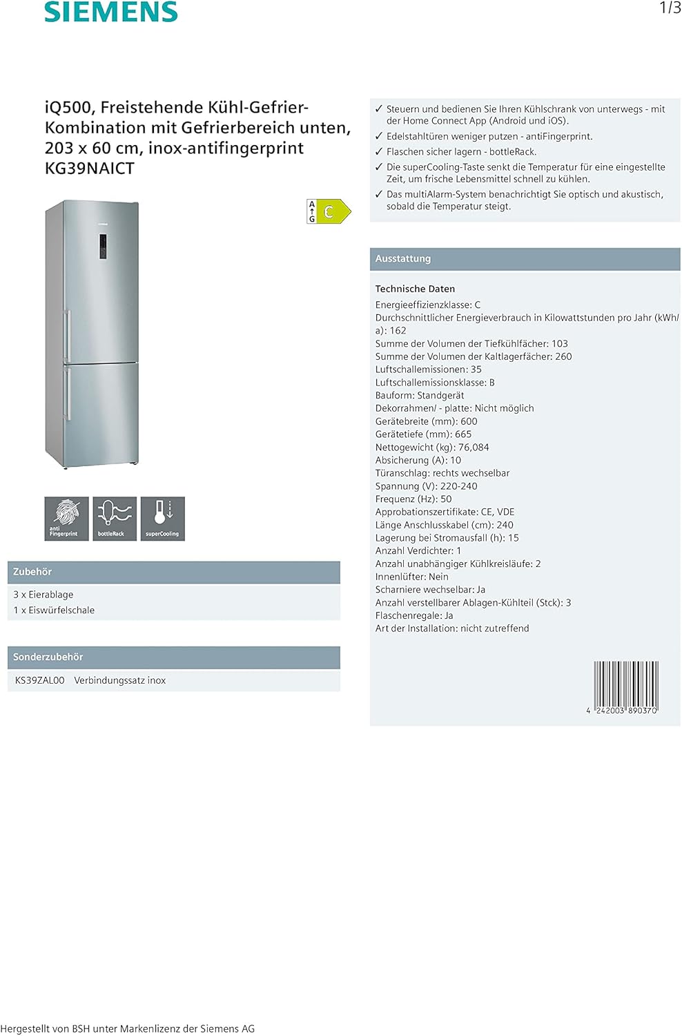 SIEMENS KG39EAICA iQ500 Kühl-Gefrier-Kombination, 201 x 60 cm, 249 L Kühlen + 94 L Gefrieren, LowFrost seltener abtauen, LED-Beleuchtung gleichmige Ausleuchtung, BigBox Platz für groes Gefriergut