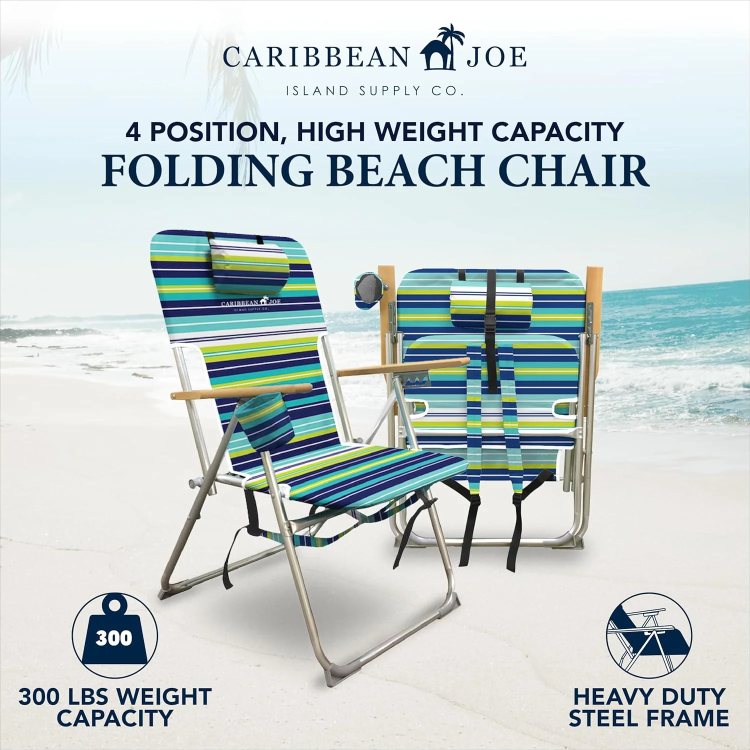 Caribbean Joe Folding Beach Chair 4 Position Portable Backpack Foldable Camping Chair