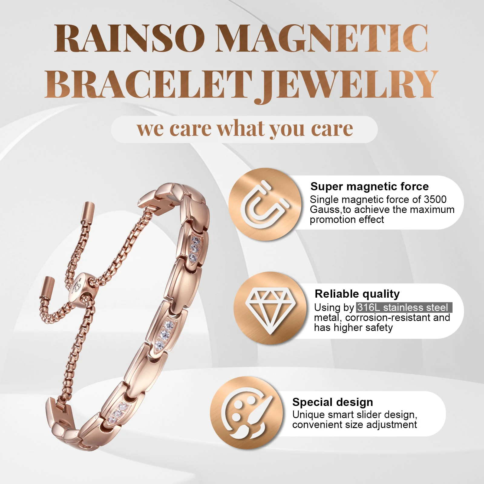 Rainso New Women Rose Gold Effective Powerful Magnetic Bracelet