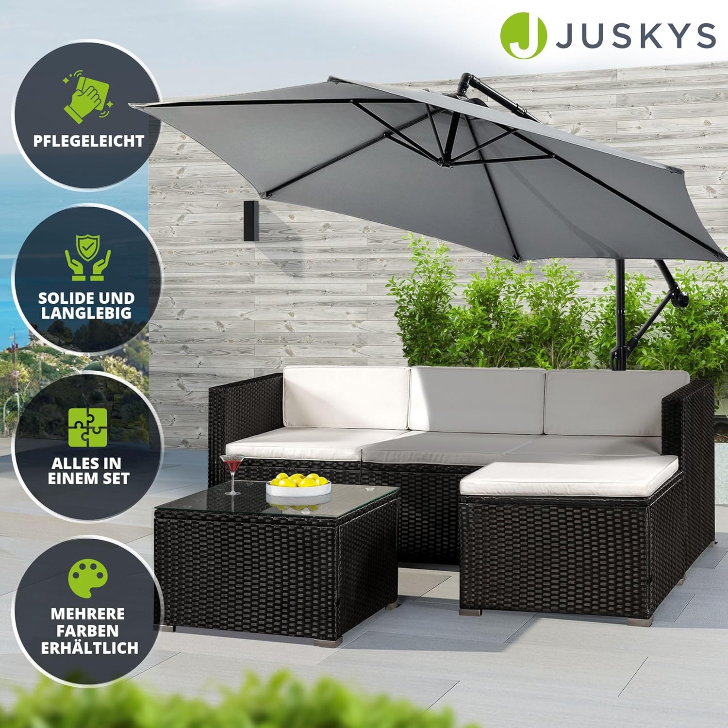 Juskys Polyrattan Lounge Punta Cana M für 3-4 Personen mit 3er Sofa, Sessel, Tisch & Kissen, Sitzgruppe für Garten, Terrasse und Balkon, Gartenmöbel Set wetterfest - schwarz/Creme
