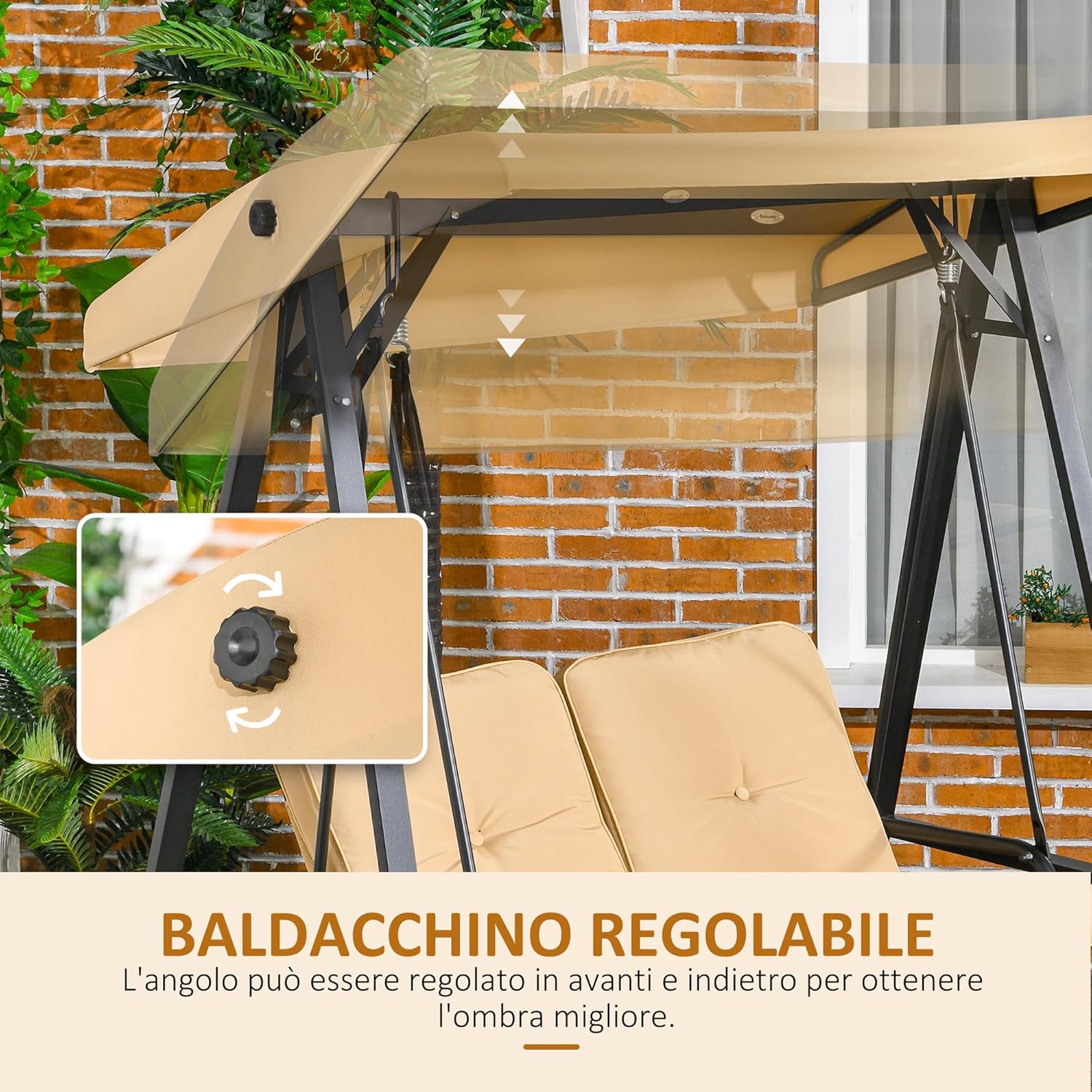 Outsunny Outdoor Swing Chair with Adjustable Canopy and Cushions, 2 Seater Steel and Teslin Fabric Rocking Chair 138 x 106 x 174 cm, Beige