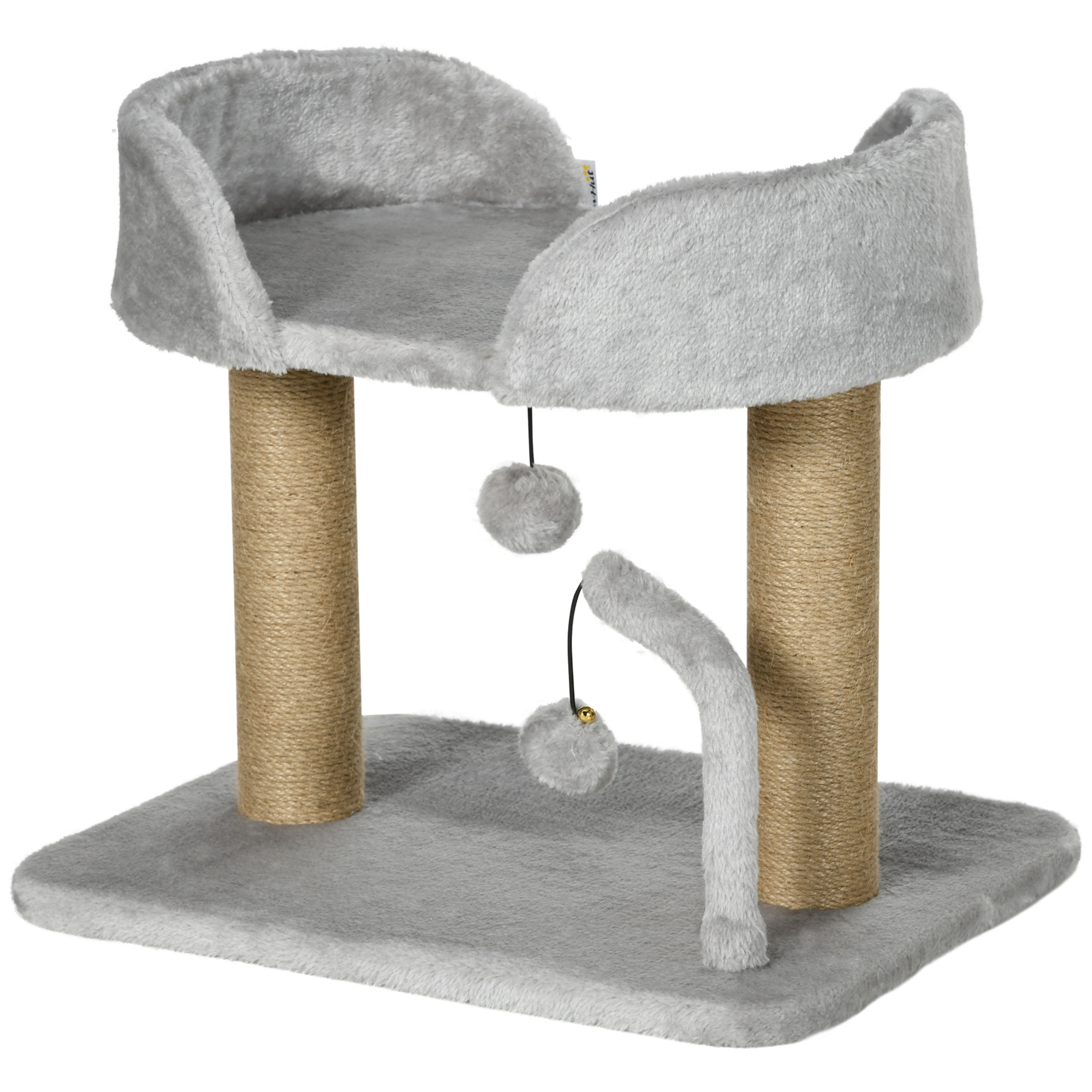 PawHut Kratzbaum-Design mit 2 hängenden Pompons, 2 Jutestämmen Plattform aus Plüsch - 48 x 38 x 42 cm Grau