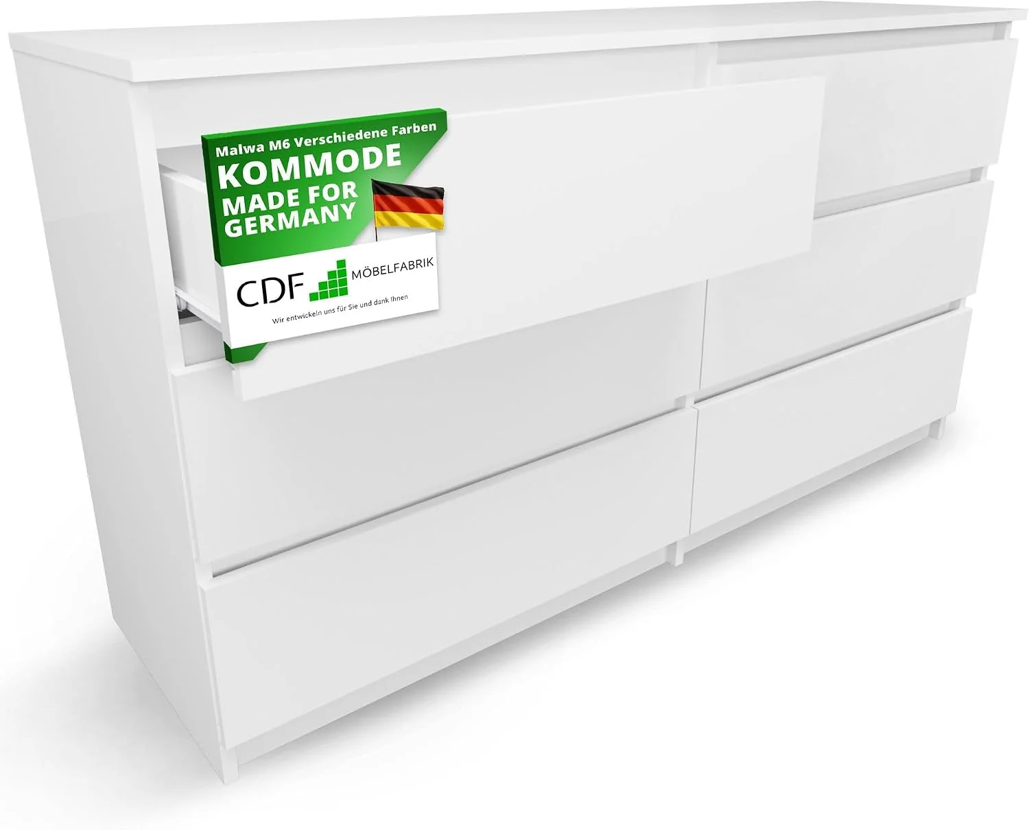CDF Kommode Weiß mit 6 Schubladen 40 cm Tief Komodenschrank Komode für Wohnzimmer Schlafzimmer Schubladenschrank Malm Kommode viel Stauraum Geeignet