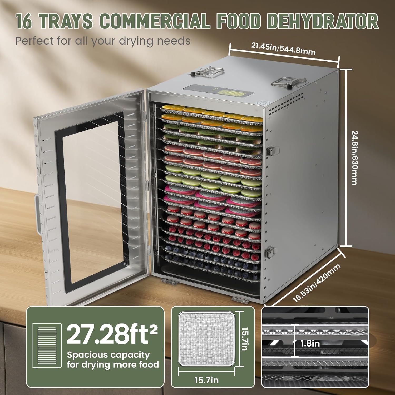 Commercial Food Dehydrator 16 Trays 1500W 70-190°F Large