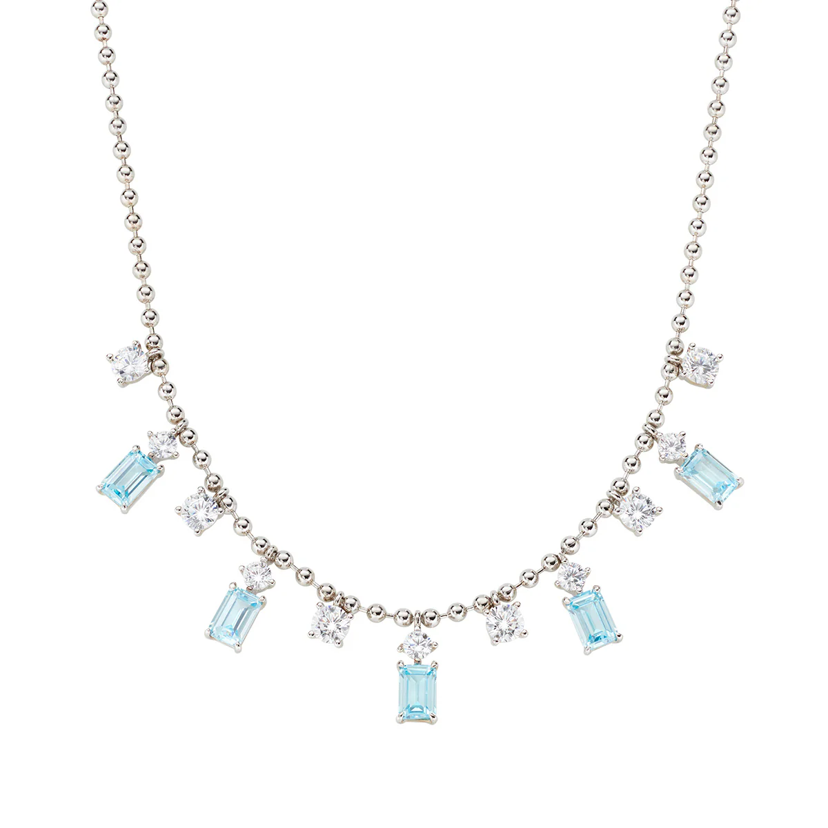 Collana Amen rodiato bianco con zirconi pendenti bianchi e azzurri