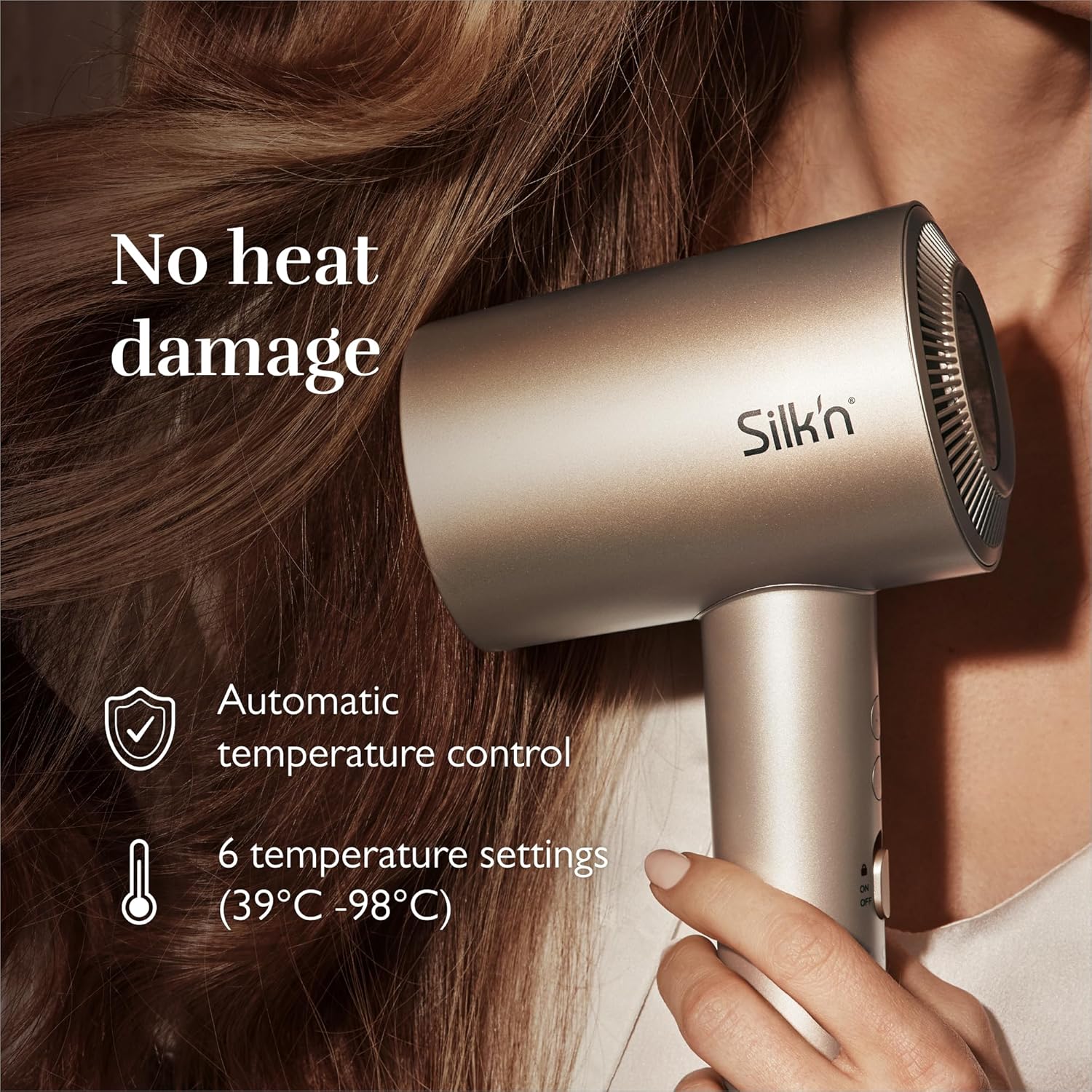 Silk'n Haartrockner I SilkyAir Pro HDB003 I Premium Föhn mit bürstenlosem Motor und Wasser-Ionen-Technologie I 3 Aufsätzen, hitzebeständiger Matte und Reiseetui, 1600 W, Champagner