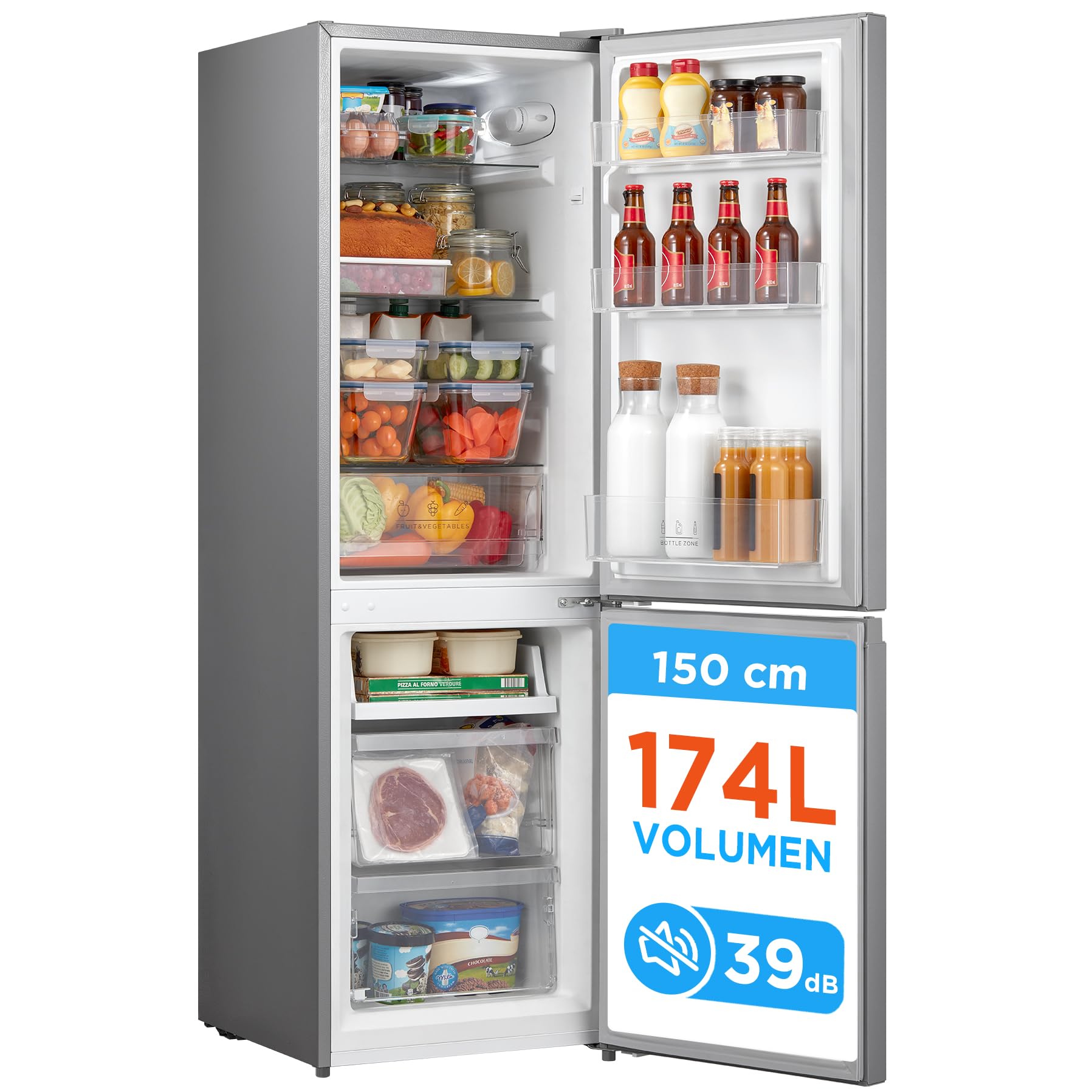 Comfee Kühl Gefrierkombination 174L 150cm Höhe 39dB Low Frost 180 Grad Flipregal leise Haushalt