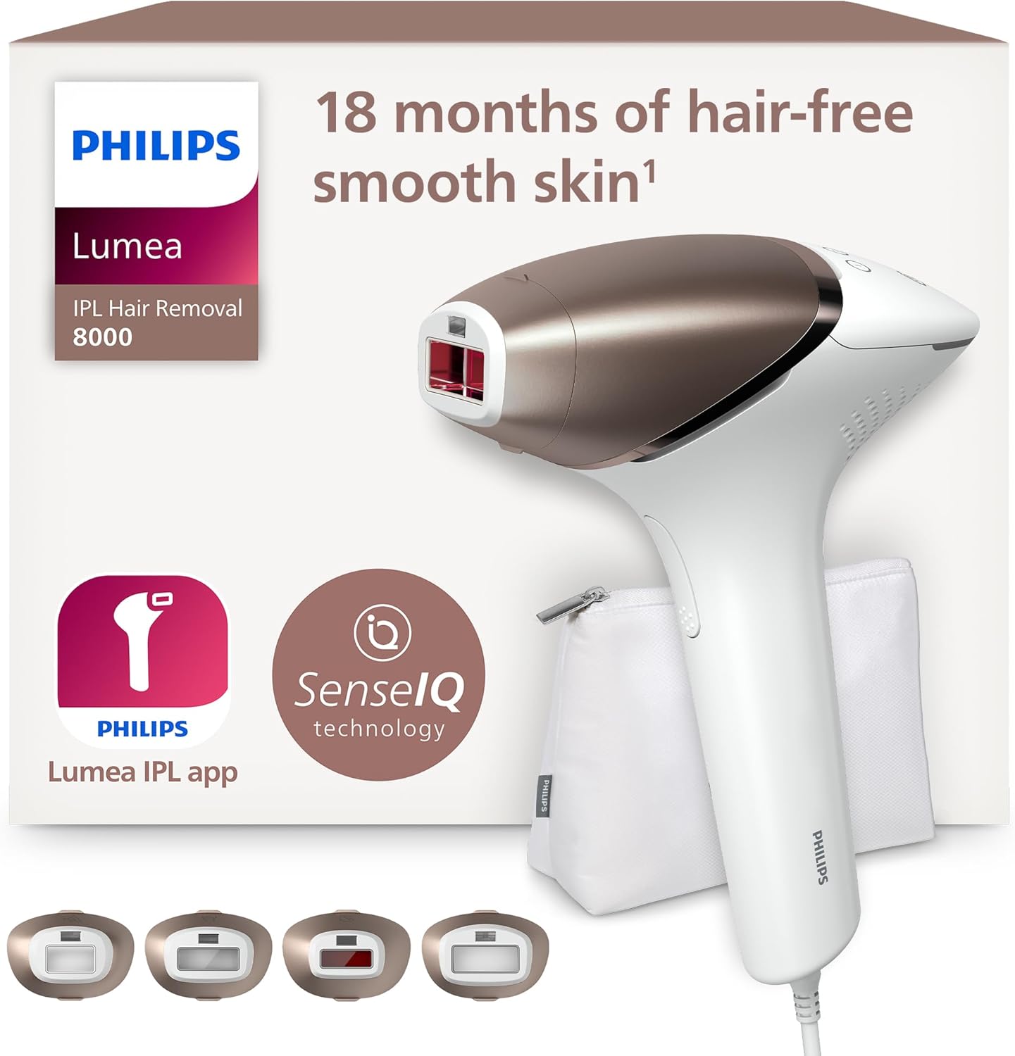 Philips Lumea 8000 Series, IPL-Haarentfernungsgerät, Alternative zur Laserhaarentfernung, SenseIQ Technologie, 4 Aufsätze für Körper, Gesicht, Bikinizone und Achselhöhlen, Modell BRI948/00